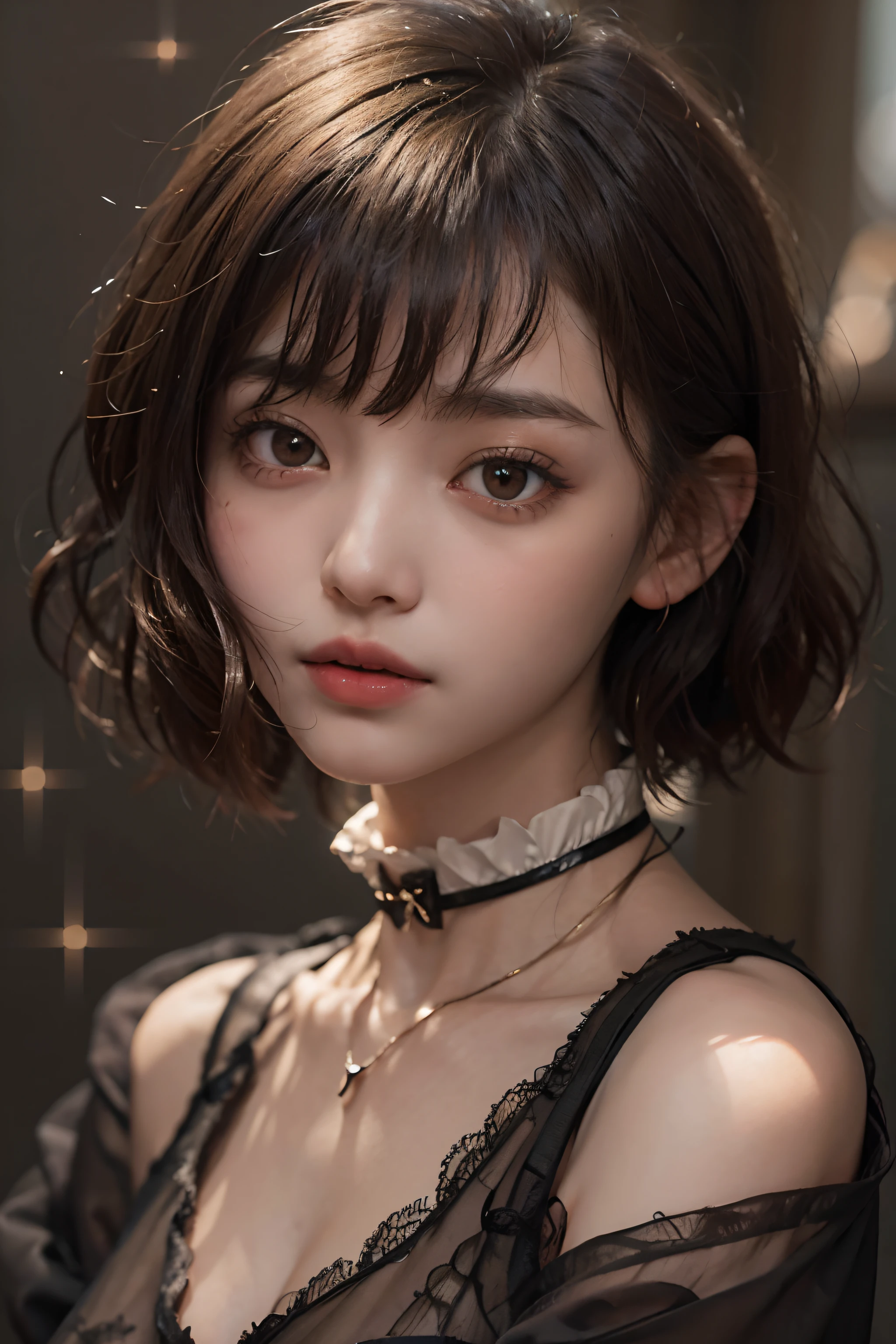 ((1girl in))、(in her 20s)、((Bery short hair))、((Pattsun bangs))、((A dark-haired))、(looking at view)、((Black Maid Outfit))、(Photoreal Stick:1.2)、in 8K、(High quality shadows)、Detail Beautiful delicate face、Detail Beautiful delicate eyes、Cute K-pop Idol、(Korean Urzan Face)、(ulzzang -6500-v1.1:0.6)、gloweyes、perfectbody、Natural color reproduction、Bright red lipstick、(a choker)、((Brown eyes))、Shiny hair、Description beautiful delicate hair、(Lustrous skin)、The vast Milky Way、Countless stars、