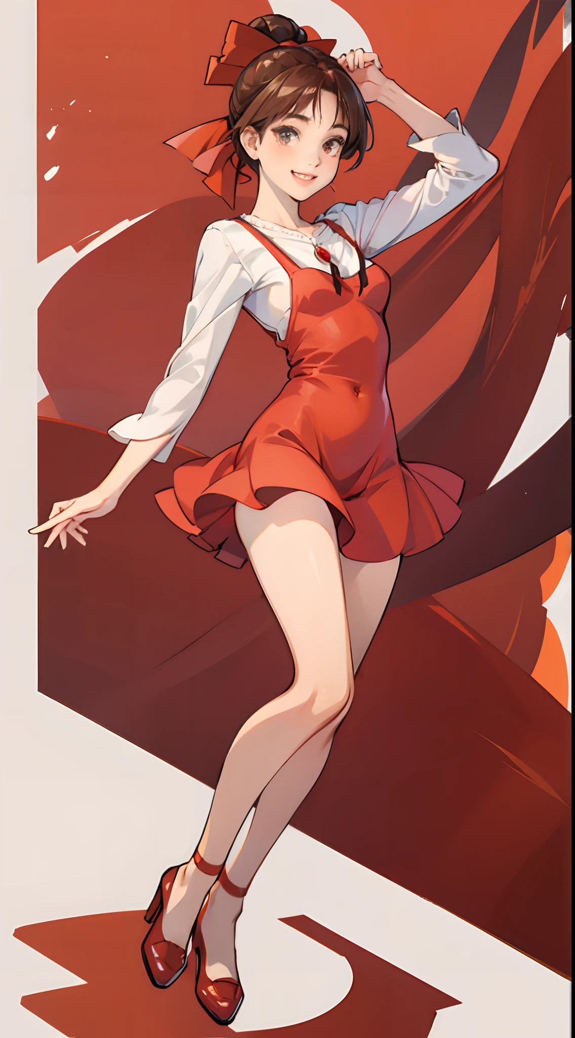 1womanl,Brown hair,Red ribbons ,Natural smile,Beautiful breasts,White shirt,Red dress,well-styled,full body Esbian,