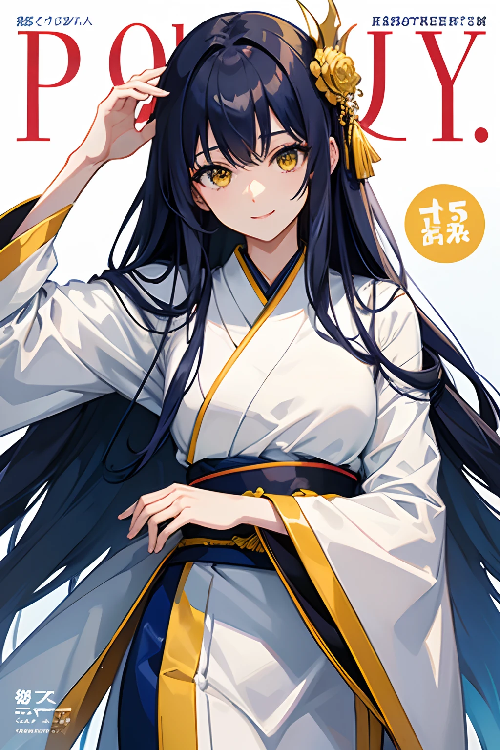 Cover magazine, anime, woman, solo, long hair, dark blue hair, yellow eyes, model, beautiful, upper body potrait, fantasy, lady, princess, in Japanese style, white kimono, hair accessories, smile