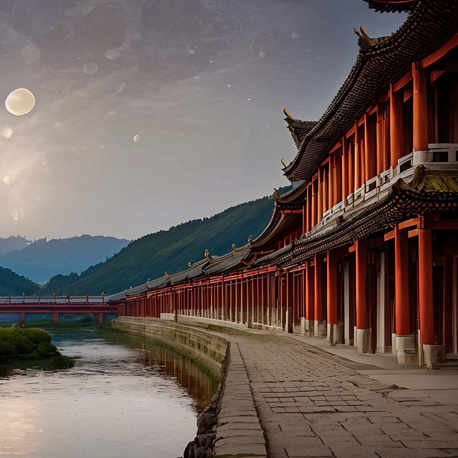 (goden_full_moon:1.8), architecture, bj_ancient_city, bridge, building, castle, cloud, east_asian_architecture, full_moon, moon, night, no_humans, outdoors, pagoda, reflection, scenery, sky, stairs chinese_tower, lake, golden colored thhem, east, delayed photography, realistic scenery, paper carving, virtual engine 5,