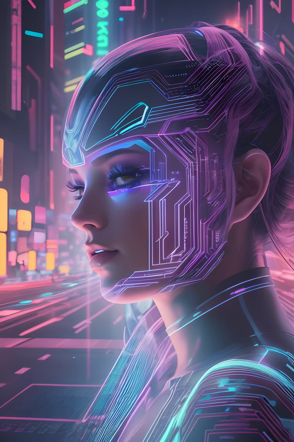 Digital Girl, Parts Hologram, (Best Quality,4K,8K,hight resolution,masutepiece:1.2),Ultra-detailed,(Realistic,Photorealistic,Photorealsitic:1.37), Vivid colors, Bokeh, 3D Rendering, interactive art, Futuristic landscape, Light emitting circuit pattern, cyberpunk aesthetic, vibrant neon lights, Pixelated effects, glowing particles, Motion Blur, glitch effect, High-tech fashion, Holographic makeup, Reflective surfaces, Dynamic Posing, sleek, Moebius-like design, Immersive virtual reality environments.Movie Tron、moebius、Syd Mead、Kevin Flynn