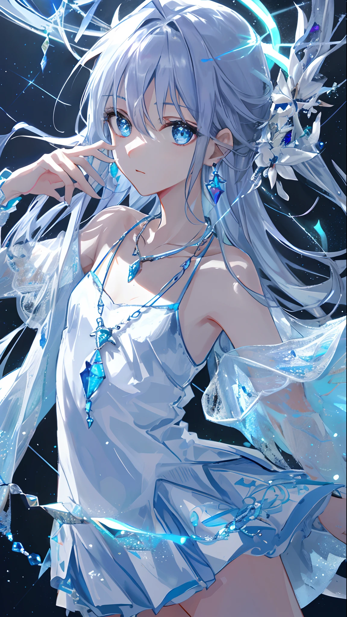 tmasterpiece,Need,illustration,Sax Blue,Platinum Earrings,Platinum Necklace,Silver necklace,(Thin long necklace),whiteskirt,1girl,adolable,(Dinamic Light:1.2),cinematric light,Delicate facial features,A detailed eye,Sharp pupils,realistic pupil,depth of fields,Background bokeh,sharp fokus,(ultra - detailed,Halo,with light glowing:1.4),Many small gemstones