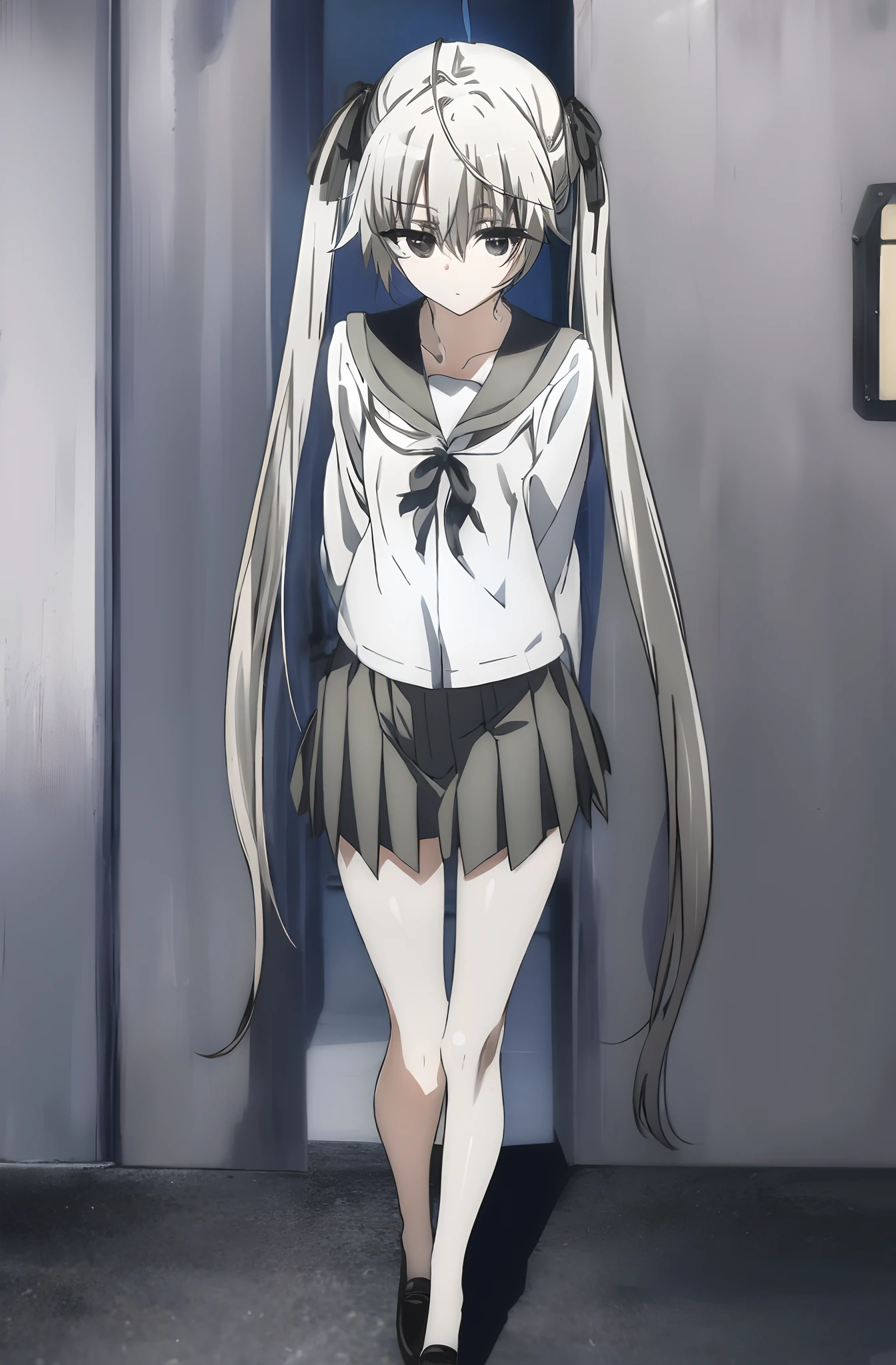 sorakasugano, sora kasugano, ahoge, (black eyes:1.5), hair between eyes, hair ribbon, long hair, twintails, black ribbon, white hair, (flat chest:1.2), BREAK black pantyhose, grey ribbon, grey skirt, long sleeves, miniskirt, pantyhose, pleated skirt, sailor collar, school uniform, serafuku, skirt, white sailor collar, white serafuku, BREAK looking at viewer, BREAK standing in front of car, BREAK outdoors, BREAK (masterpiece:1.2), best quality, high resolution, unity 8k wallpaper, (illustration:0.8), (beautiful detailed eyes:1.6), extremely detailed face, perfect lighting, extremely detailed CG, (perfect hands, perfect anatomy), ((perfect eyes))