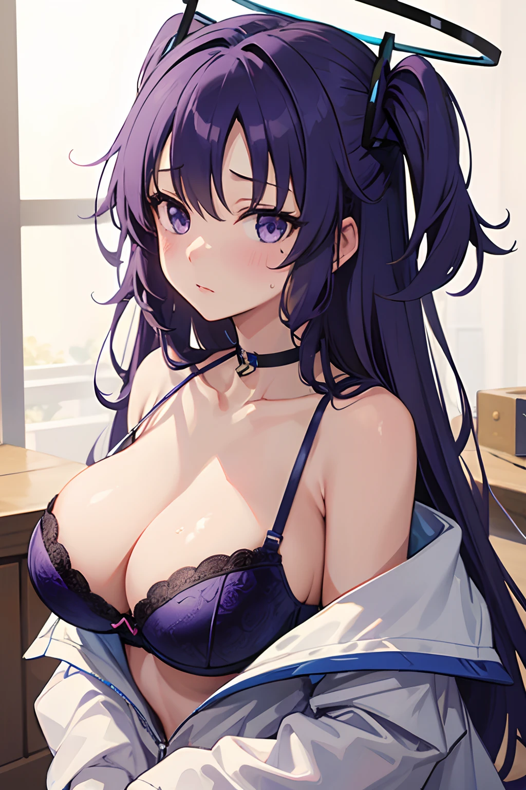 8k, highres, ultra detailed, (masterpiece:1.4), 1girl ,armpits , blush , bra , cleavage , closed mouth , collarbone , hair between eyes , halo , large breasts , long hair , mechanical halo , purple bra , purple eyes , purple hair , simple background , solo , sweat , two side up , underwear , upper body , white shirt,yuuka (blue archive)