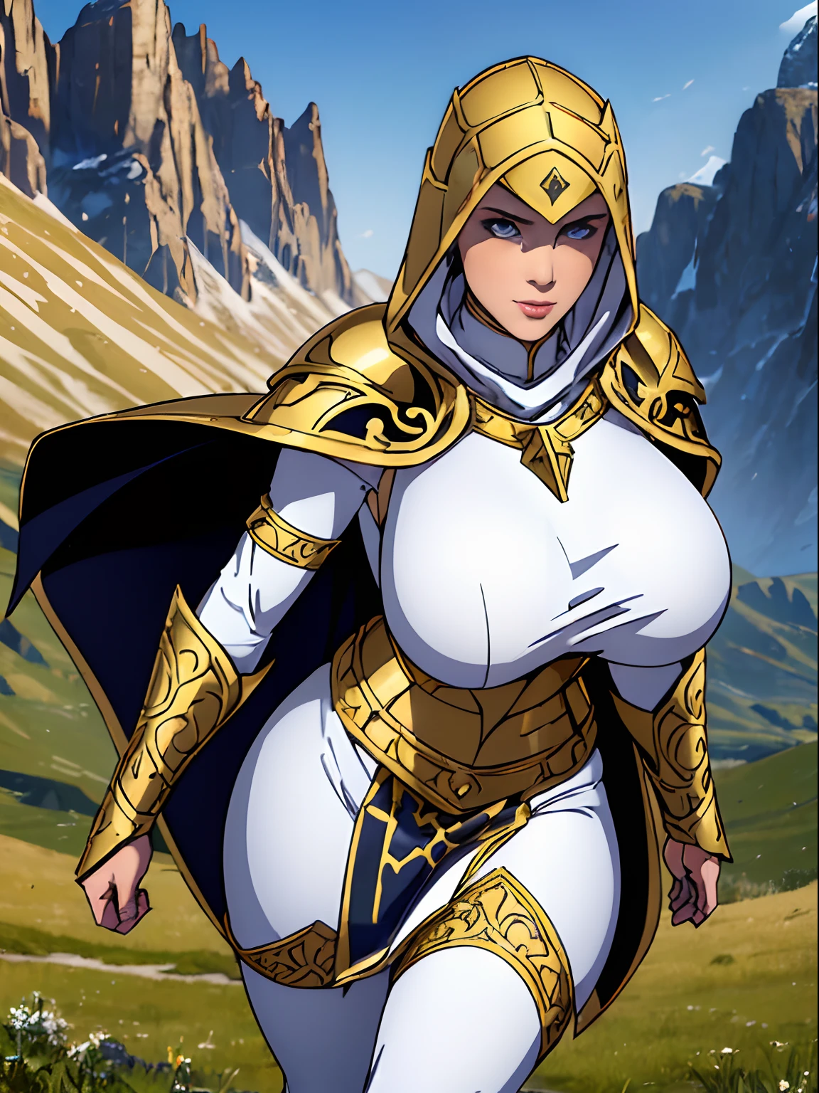 (masterpiece, top quality, best quality, official art, beautiful and aesthetic:1.2), (1girl:1.3), light freckles, fair skin, extremely detailed, portrait, looking at viewer, solo, (full body:0.6), detailed background, close up, (warm grasslands theme:1.1), holy paladin knight, charlatan, smirk, mysterious, swaying in mountains, modest attire, ((((ornate white and gold armor)))), cowl, nun hood, wimple, boob armor, cowl, robe, chain mail, chainmail, leggings, chainmail leggings, chain mail leggings, breastplate, tabard, gorget, hood, pauldrons, greaves, armored, long boots, longsword, shield, cape, cloak, pearly metal, white cloth, pale leather, ((((gigantic breasts)))), slim waist, slim hips, long legs, medieval (mountain exterior:1.1) background, dark mysterious lighting, shadows, magical atmosphere, dutch angle,