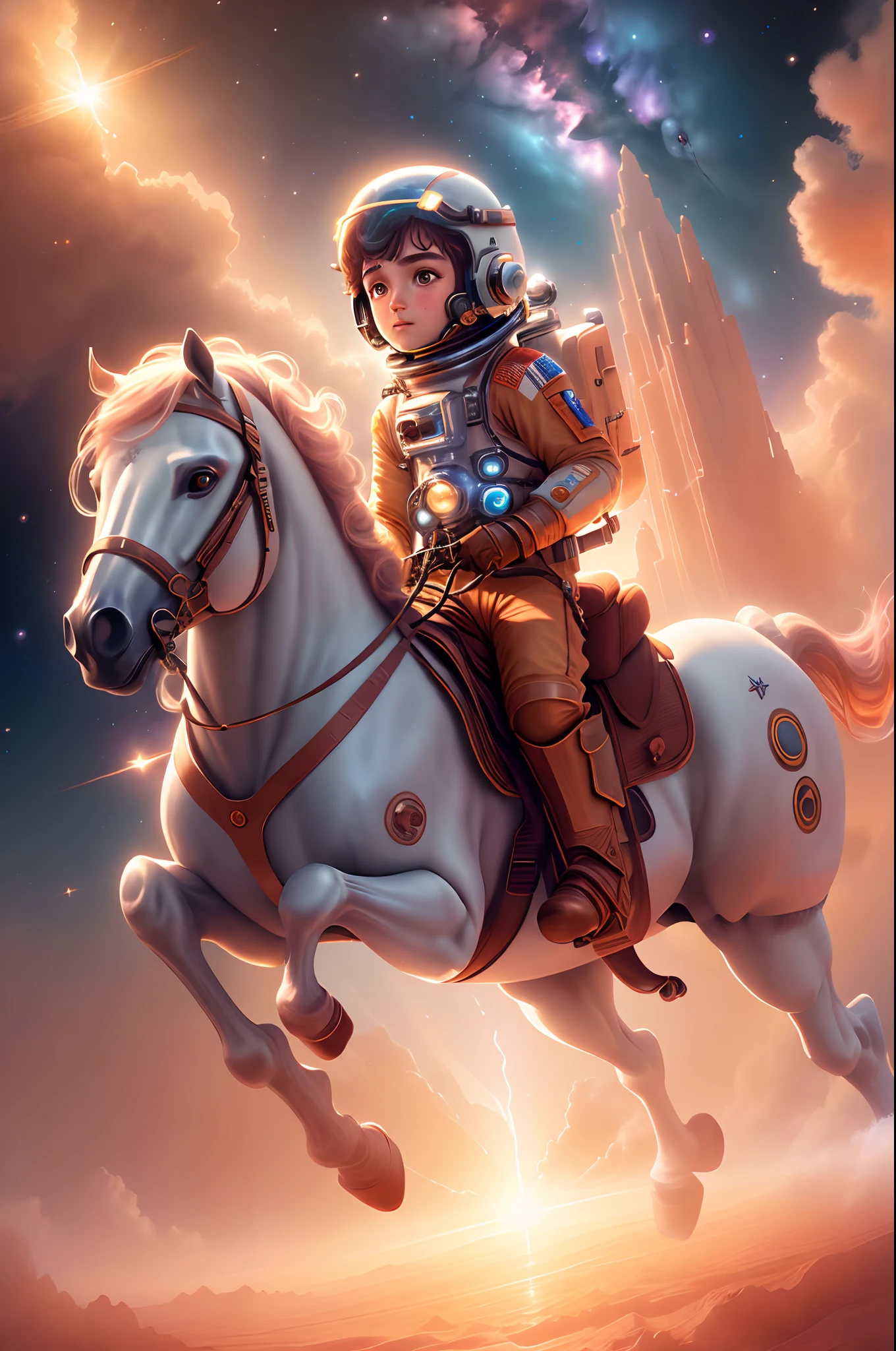 Masterpiece, Best quality, (Very detailed CG Unity 8K wallpapers), (Best quality), (Most Best Illustration), (Best shadows),Astronaut boy on horseback，s the perfect face，space backdrop，heavenly body，galactic，galaxias，(Martian ground)，kosmos，Horses gallop