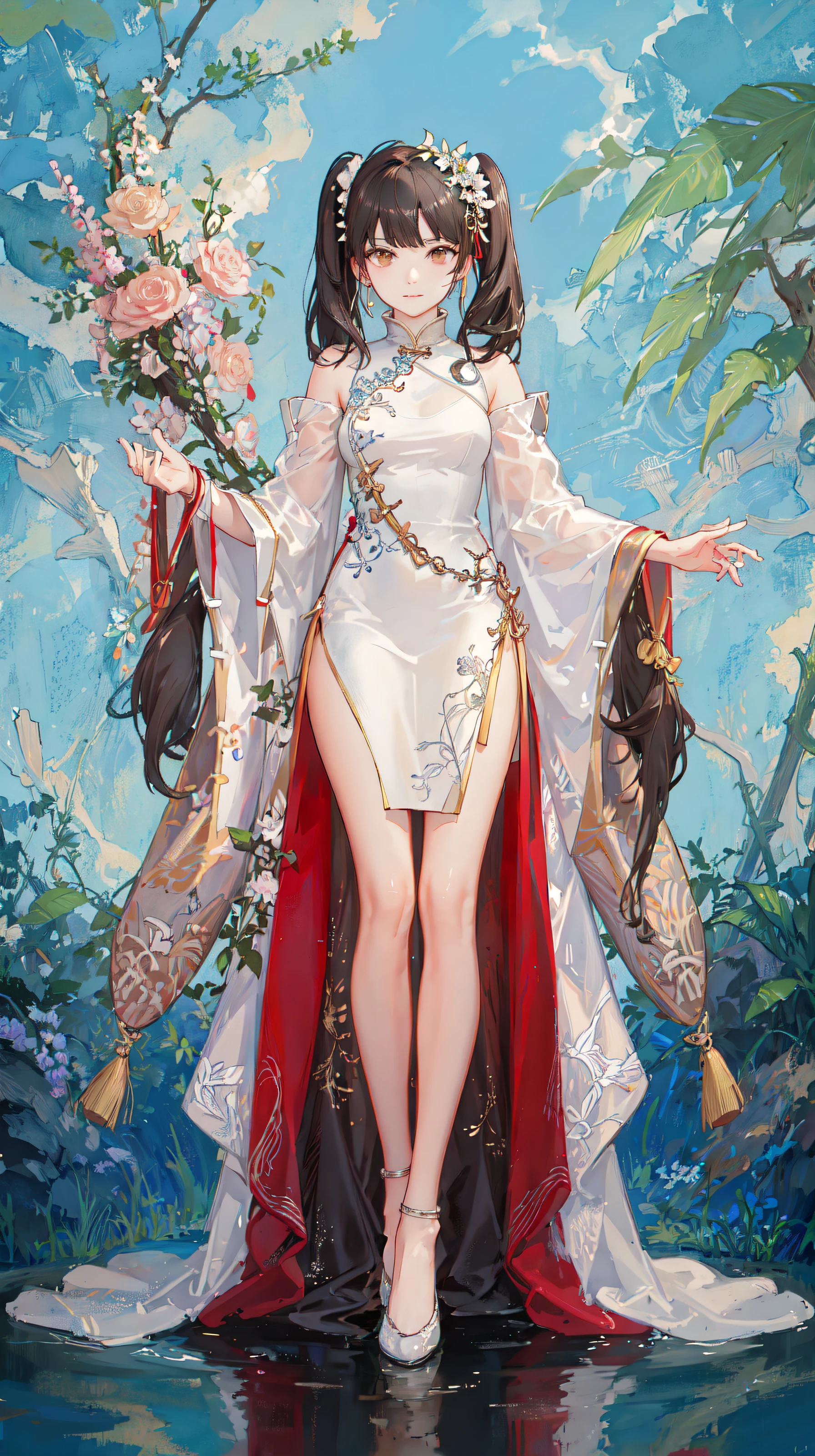 girl,full body,(detailed face:1.2), masterpiece, fashion,chinese dress,, medium hair, black hair, twintails, blunt bangs, brown eyes,