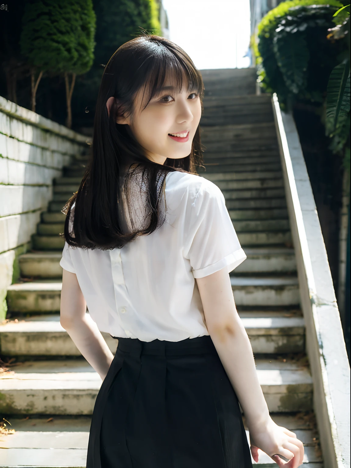 top-quality、超A high resolution、(Photorealsitic:1.4)、***1人、Black skirt、Office stairs、turned around、A little smile、Unusual look、Sexy buttocks、White blouses、Beautiful curved waist constriction、Document Case Retention