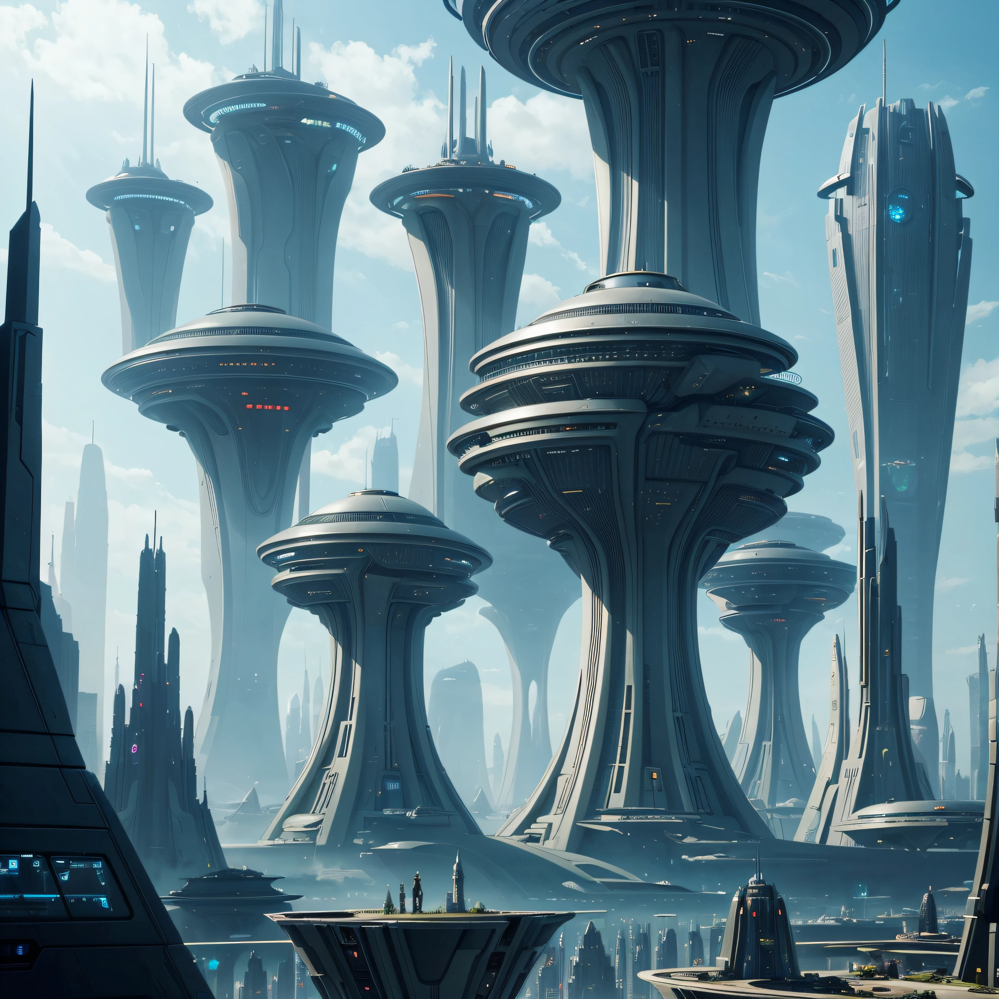 futuristic city with flying saucers and futuristic buildings in the background, in fantasy sci - fi city, futuristic utopian fantasy, futuristic alien city, futuristic utopian metropolis, ancient sci - fi city, epic scifi fantasy art, sci-fi fantasy art, epic fantasy sci fi illustration, sci - fi city, futuristic utopian city, huge futuristic temple city, an alien city