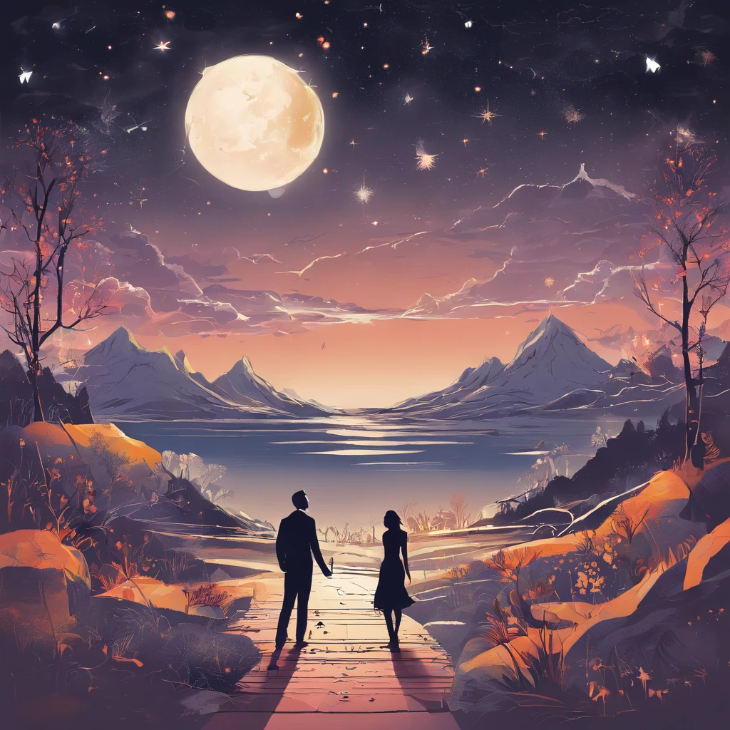 Album Cover Design Ideas:
1. Background with: Choose a dark night sky as the background. Draw a beautiful night view with twinkling stars.
2. The central figure: Draw a man and a woman with their hands together looking up at the sky. They looked at each other and smiled warmly.
3. Emotes: The eyes of men and women reflect emotions and feelings of happiness. In addition, A man holds a woman's hand, It indicates that they are connected to each other and dependent on each other..
4. concept: This album focuses on love and gratitude., The design emphasizes the relationship between two people who support and understand each other. The beauty of the stars and the night symbolizes their love and hope for the future.