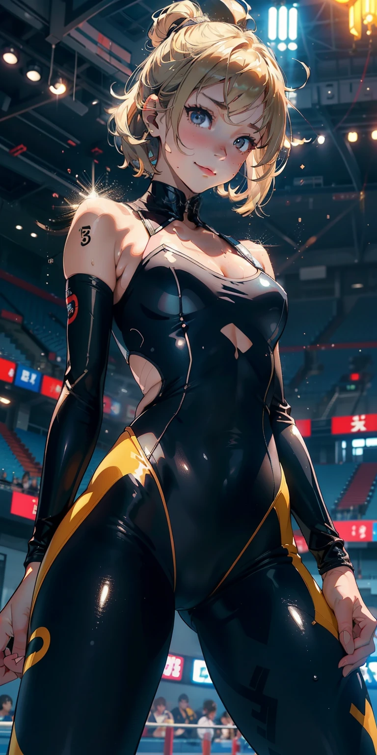 -yeld gi 独奏, show through、Breast large cleavage emphasis、Wearing yellow tight fit transparent tights bodysuit、A smile、In ultra-thin fabric、Super close-up looking up from below、gymnast、​masterpiece, top-quality, realisitic, ultra-detailliert, (shinny skin, Sweating: 1.4), Versatile sexy poses、Blonde short bob、Brown-eyed, slender, dynamic light and shadow, hight resolution, foco nítido, depth of fields, Narrow-eyed, Sharp pupils, Realistic pupils, (breasts are small: 1.6), (Thigh thickness: 1.0),Gymnastics Stadium
