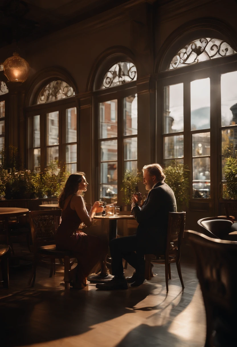 Landscape of a father"A beautifully detailed portrayal of a pretty girl with radiant skin and soft, wavy hair, speaking with an elegantly dressed man whose features exude a calm confidence. Their eyes meet with a blend of curiosity and mutual respect. Photorealistic Image, Set in a quaint European café with ambient street noise in the background and the aroma of freshly brewed coffee permeating the air. No Art Inspiration, Nikon Z7 II, Medium shot, NIKKOR Z 50mm f/1.2 S, Golden ratio, 8K UHD, Ambient light filtering through the café's front windows, casting a warm glow on their skin, (((hyper detailed))), Natural lighting augmented by soft indoor bulbs, Octane render."