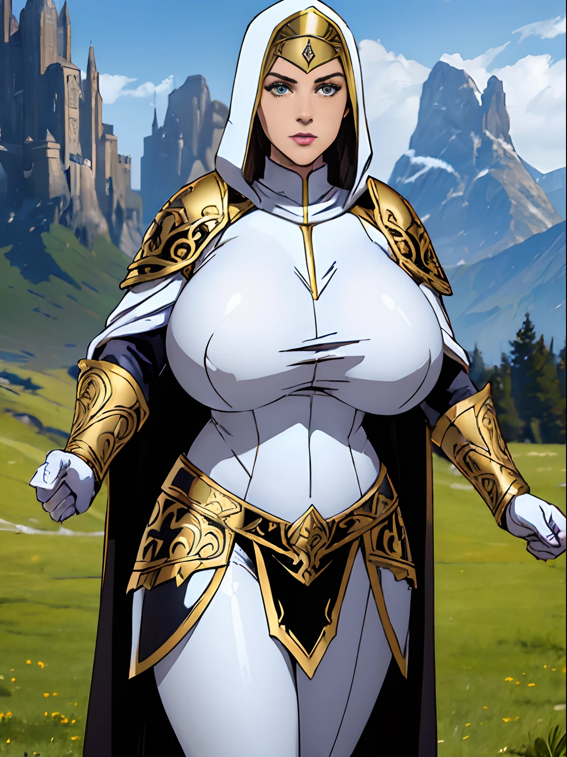 (masterpiece, top quality, best quality, official art, beautiful and aesthetic:1.2), (1girl:1.3), light freckles, fair skin, extremely detailed, portrait, looking at viewer, solo, (full body:0.6), detailed background, close up, (warm grasslands theme:1.1), holy paladin knight, charlatan, smirk, mysterious, swaying in mountains, modest attire, ((((ornate white and gold armor)))), cowl, nun hood, wimple, boob armor, cowl, chain mail, chainmail, leggings, chainmail leggings, chain mail leggings, breastplate, gorget, hood, pauldrons, greaves, armored, long boots, longsword, shield, cape, cloak, pearly metal, white metal, pale leather, ((((gigantic breasts)))), slim waist, slim hips, long legs, medieval (mountain exterior:1.1) background, dark mysterious lighting, shadows, magical atmosphere, dutch angle,