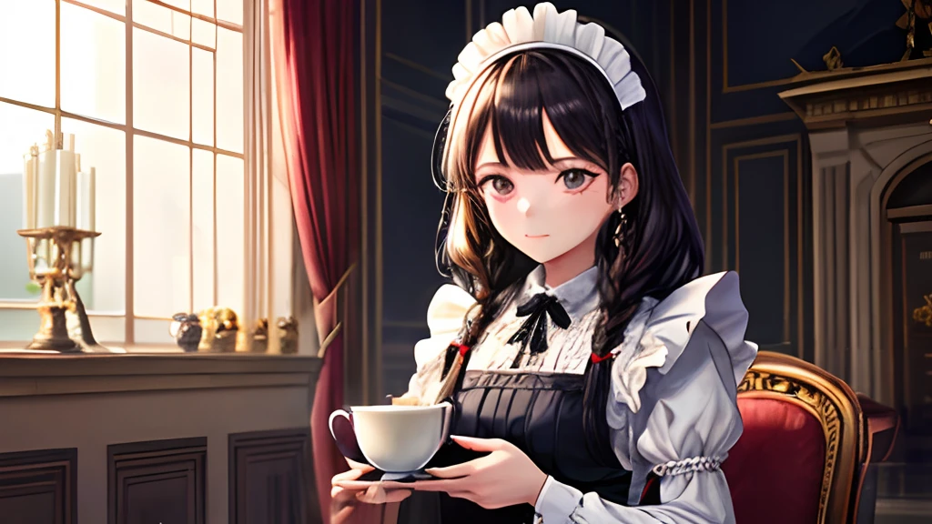 girl with、Pedras preciosas、With background、the royal palace、inside in room、candy、Parti、tea、palatial palace、kirakira、maid clothes、Maids、One piece with frills、A dark-haired、Braiding、Braids