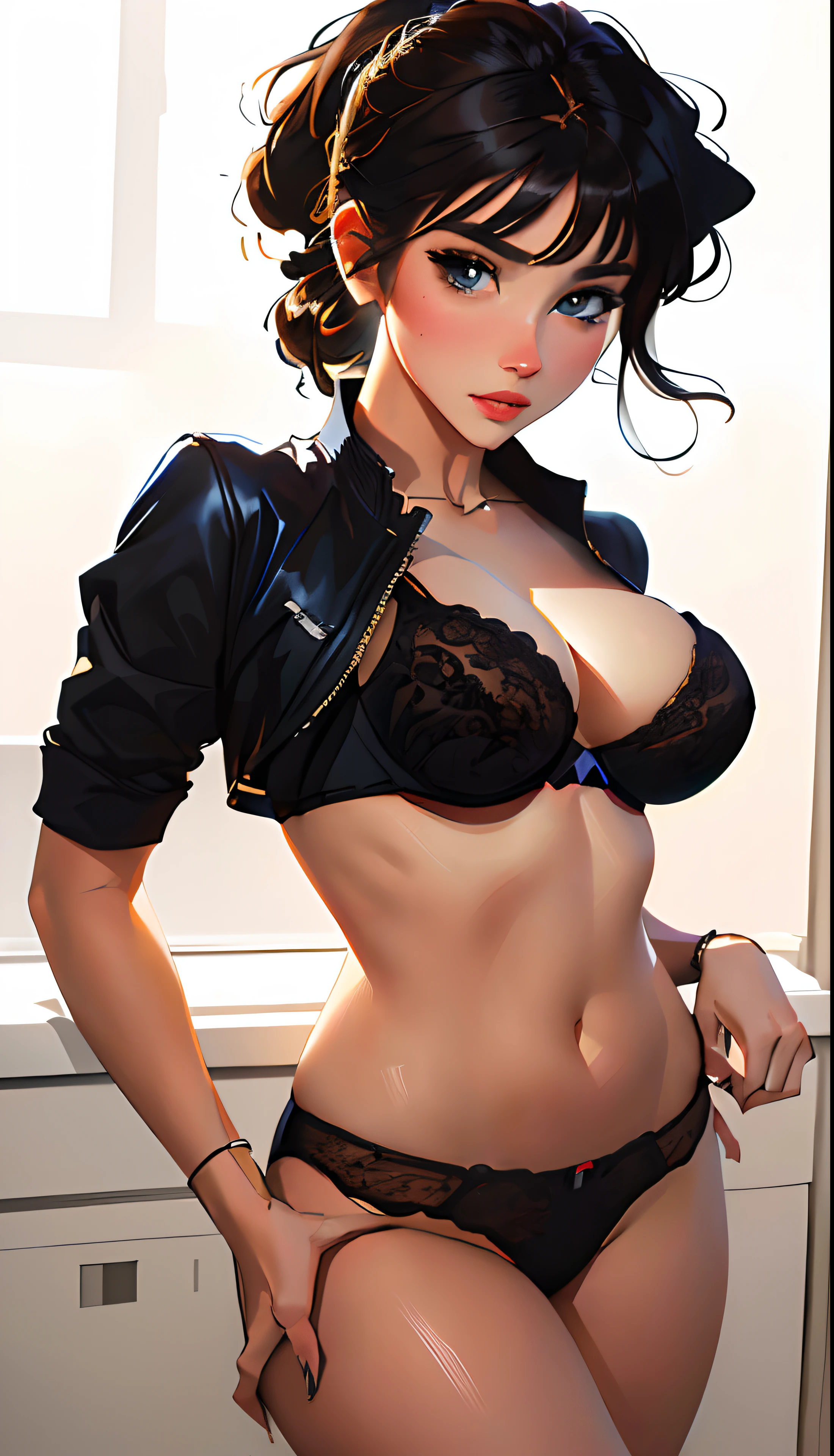 Arafed mujer con una chaqueta de cuero negro y bragas posando, seductora chica de anime, Hermosa y seductora mujer de anime, Alena Aenami y Artgerm, Artgerm extremadamente detallado, Black bra, Wojtek FUS, Estilo Artgerm, por Marek Okon, En el estilo Artgerm, Alexandra Fomina Artstation