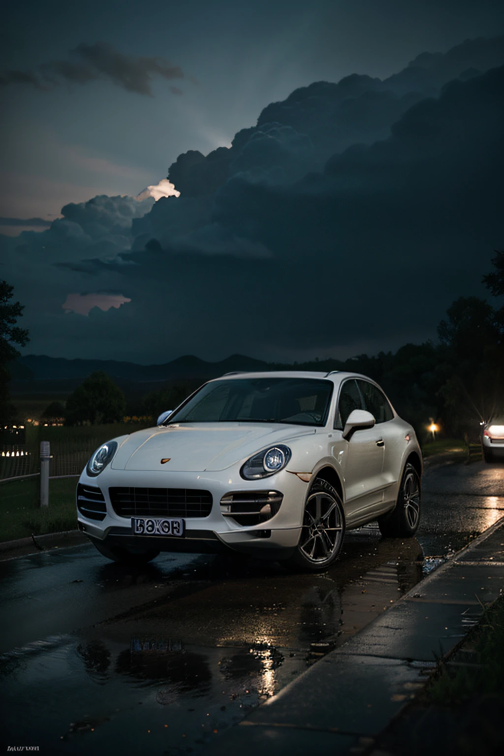2012 (white) porsche,  cayenne, vehicle focus, no humans, cloud, sky, rain, outdoors, night, rock professional, 4k, shallow depth of field, kodak color vision, extremely detailed, photo_\(ultra\), photorealistic, realistic, post-processing, maximum detail, roughness, real life, ultra realistic, photorealism, photography, 8k uhd, photography (grain of film) medium wide shot atmospheric dark lighting