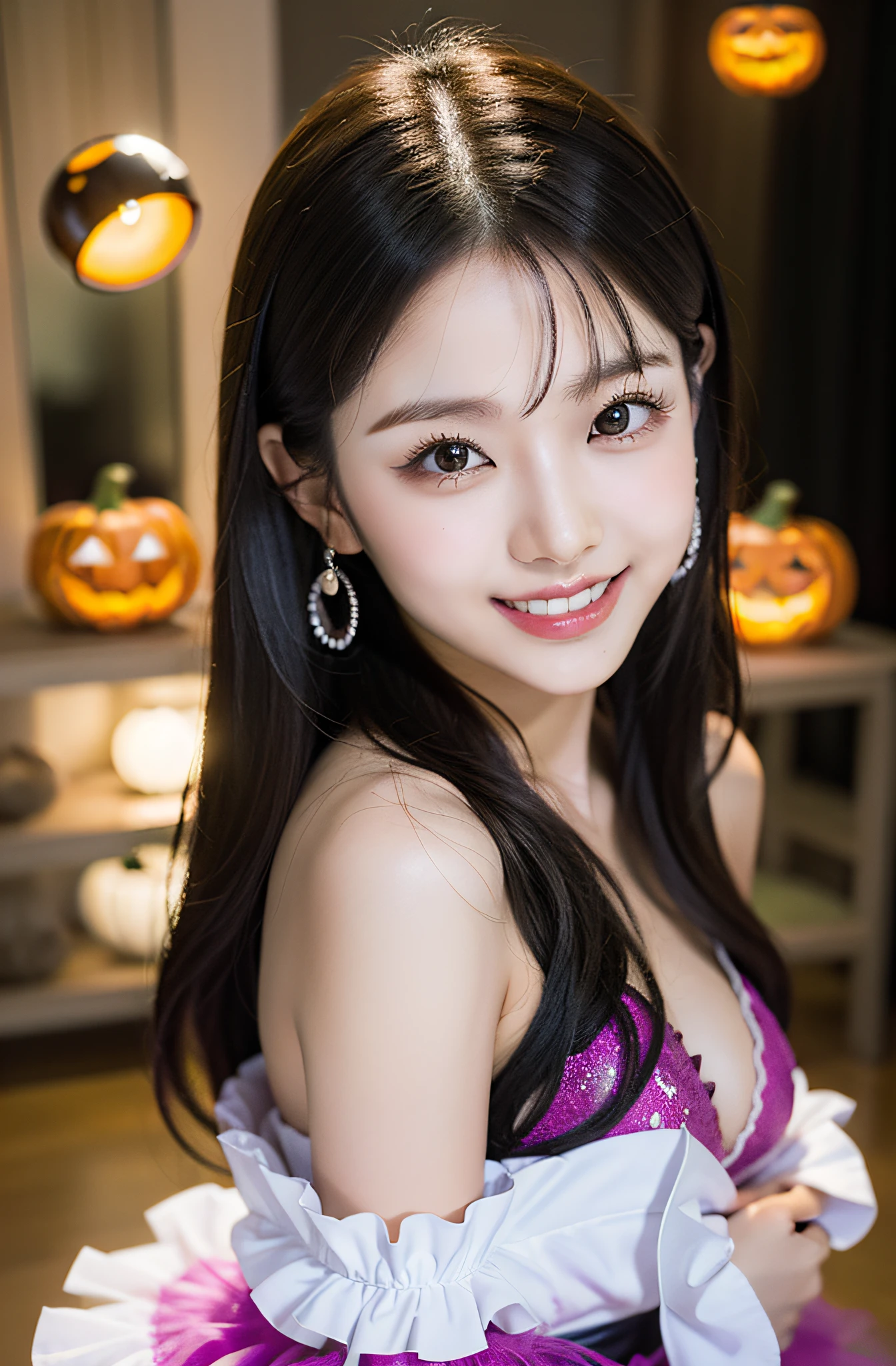 Solo shot of Eri Kamei from Morning Musume dressed in a seductive Halloween costume. The outfit emphasizes her beauty、Show off her curves. Her smile reveals her pristine white teeth, enhancing her allure. The image should be hyper-realistic, Capture every detail, From the texture of her outfit to the subtle nuances of her makeup. The lighting should be soft, Cast gentle shadows、emphasizing her features. the colors should be vivid, Focus on the rich shades typical of Halloween - orange, blacks, and purples. Compositions must use a high-resolution 16k camera, 16 inch:9 aspect ratio, Make sure all details are pin-sharp. Shots must be taken with a Canon EOS 5D Mark IV DSLR camera, EF 50mm f/1.8 STM lens, Resolution 30.4 megapixels, ISO sensitivity of 32,000, Shutter speed is 1/125. --ar 16:9 - V5.1 --Style raw --Q 2 --S 750