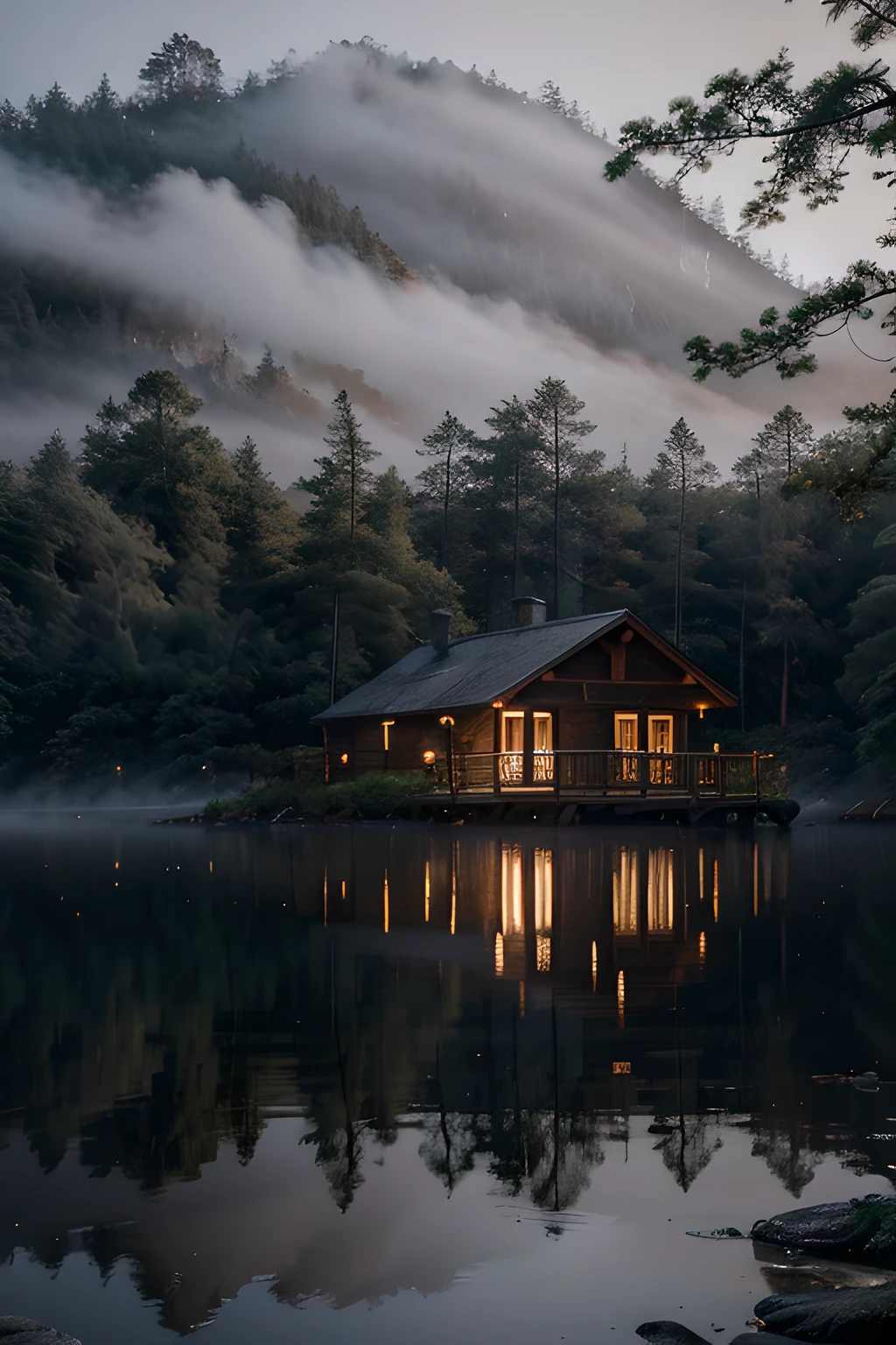 Create a tranquil lakeside cabin scene in a dense misty forest. The mood should be one of mystery and calm, with the cabin's lights softly glowing through the mist