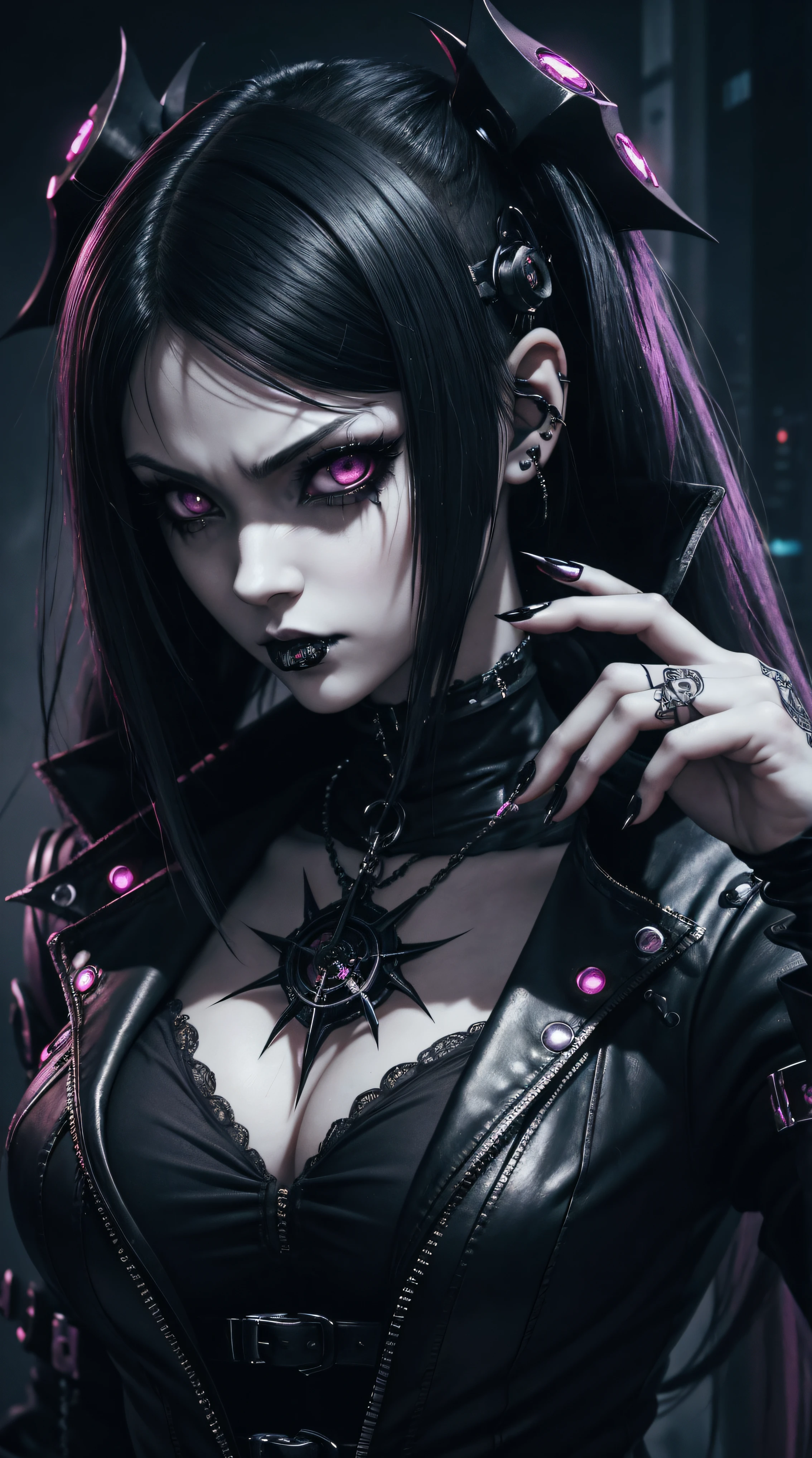 a close up of a person with a weird face and nails, gothic maiden anime girl, gothic - cyberpunk, cyberpunk horror style, gothic art style, detailed digital anime art, gothic art, demon anime girl, gothic girl face, anime style 4 k, dark art style, anime cyberpunk art, gothic aesthetic, 1 7 - year - old anime goth girl, gothic horror vibes