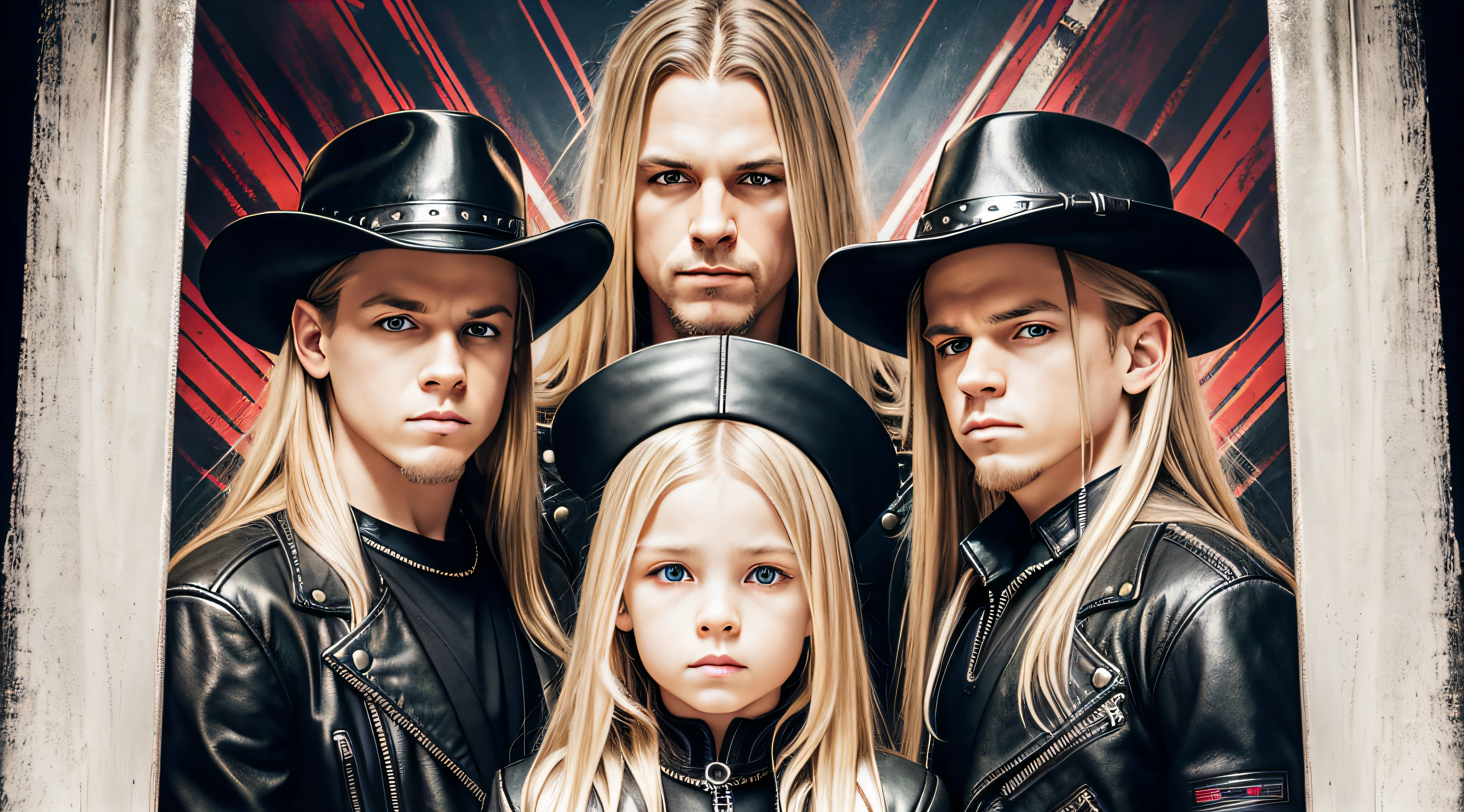 RAW, Award-winning Glamour photography of 3 three boys leather jacket black t-shirt and jeans, long blonde hair, close up, portrait, hyper-detailed, camouflaged, post-apocalyptic, nuclear Armageddon, burning cityscape background at night, sandy, dirt, mushroom cloud, swollen, erect, lots of green flames.