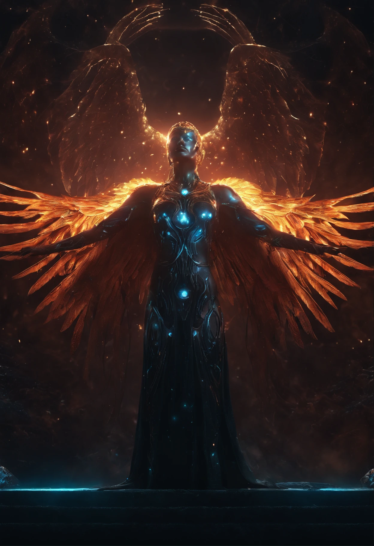 Cosmic Fallen Angel, glowing light eyes, Biomechanical, eerie, Creepy, nightmarish, Very bright colors, Light particles, with light glowing, Mshiff, wallpaper art, UHD wallpaper, cinematic styles, cinematic lights