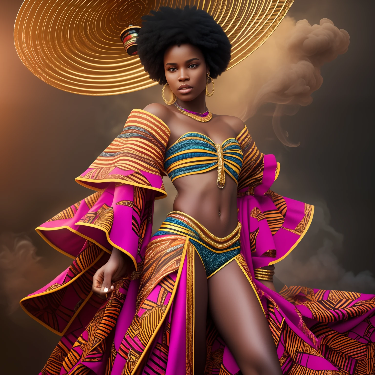 by royo, hyperdetailed, hyperrealistic, full body shot of an African woman, in an African  outfitwith vibrant colors, exaggerated shoulder pads, and bold accessories. Striking a powerful pose with an intense gaze, surrounded by a halo of smoke in tones that enhance her expression. Standing in a banana plantation with the smoke mimicking waves, matching the colors of her outfit. Perfect composition, exquisite attention to small details, realistic reflections, UHD, 32k, ultra-detailed texture, volumetric light, cinematic effects, masterpiece, trending on ArtStation, Octane 3D rendering --auto --s2