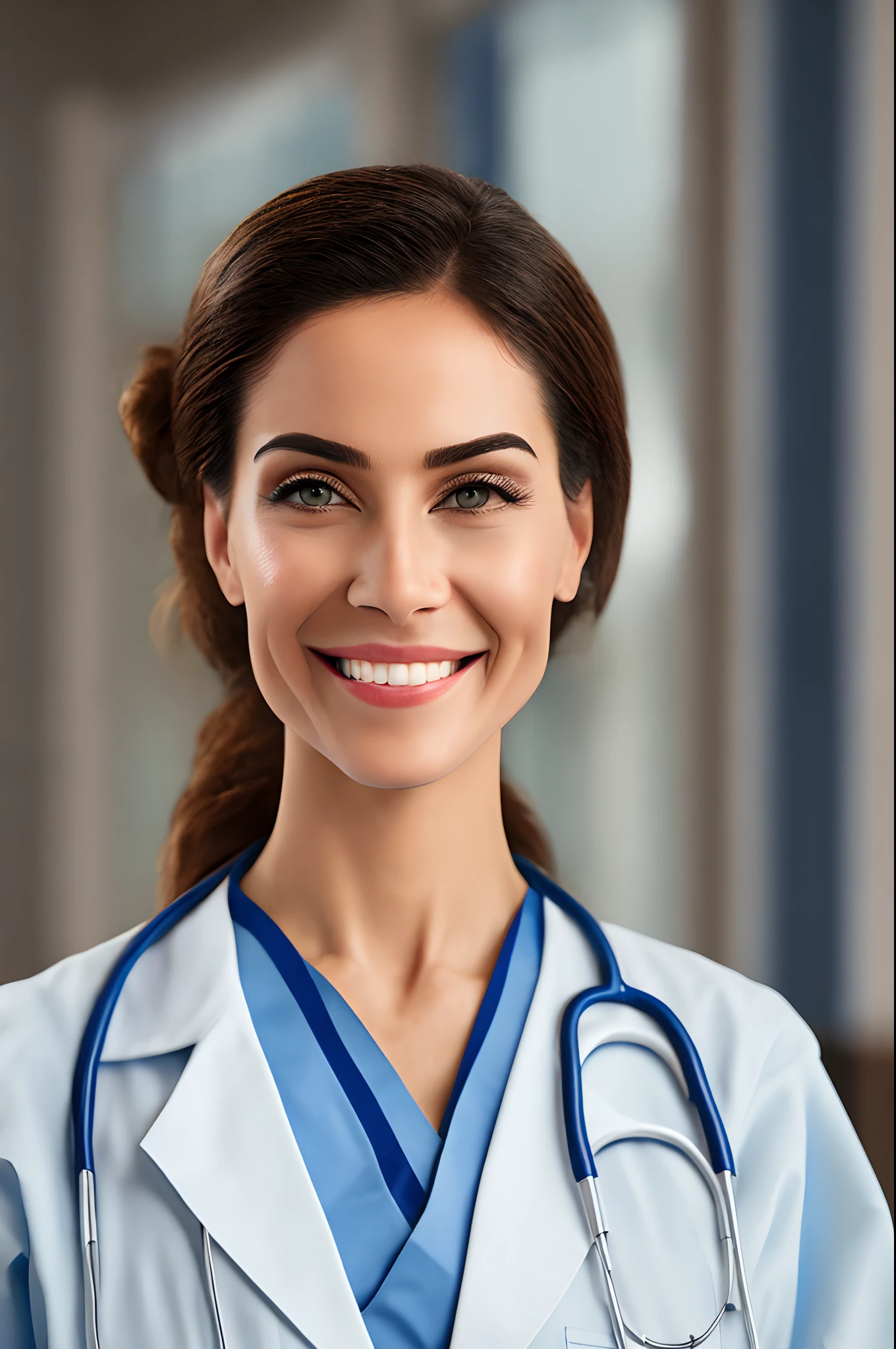 Portrait of a woman, wearing a nurse clothes, smile, looking at viewer, tied up hair, at hospital, with hospital background, High quality image, masterpiece, detailed hair texture, detailed skin texture, detailed cloth texture, 8k, add fabric details, ultra detailed skin texture, ultra detailed photo, skin pores, cloth details, high skin details, realistic hair details