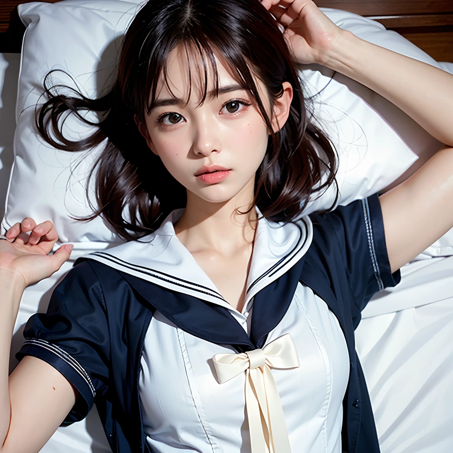 (masterpiece), Very detailed, Ultra-high resolution, Realistic, photo Realistic, High-resolution RAW color photos, Professional photos, Sharp focus, (Very detailed顔と肌の質感, Very beautiful eyes, Glossのある肌, Glowing Skin, Glowing Skin, Shining Face, Gloss, Oily skin, greasy face, Oily skin, greasy face,),, (real Glossのある肌 texture), Perfect Anatomy, Very detailed背景,((Hotel Bed)),(1 female,25-year-old woman, Japanese women),(lean slender body),(short hair, Straight hair, bangs, Brown Hair),(Flat Chest:1.6), (((Short Sleeve White Sailor School Uni形状 、Navy blue pleated skirt:1.5)))、((Sleep on your back:1.3)),(From above:1.4)、(Spread your legs:1.3),((((Cum in vagina:1.6)))),(((Reaching orgasm:1.5)))