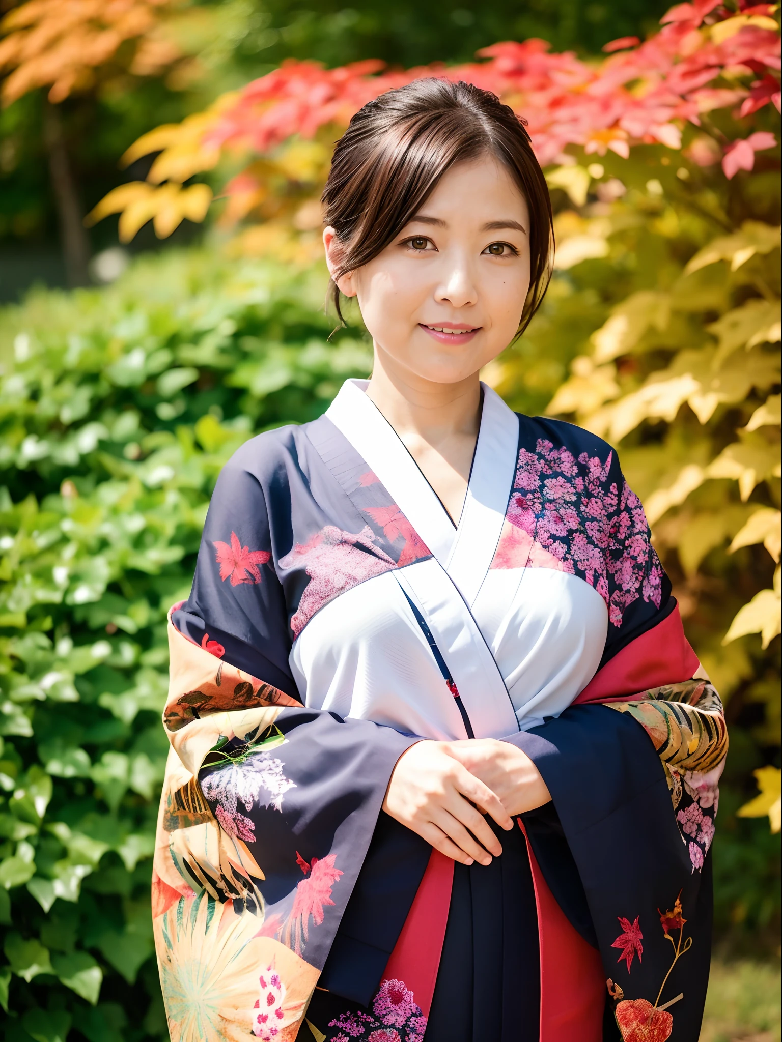 Female in her 40s、Wear a clean Japan kimono、Hair is up、autumn leaves in background