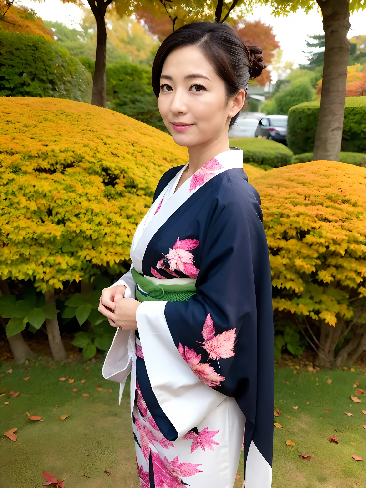 Female in her 40s、Wear a clean Japan kimono、Hair is up、autumn leaves in background