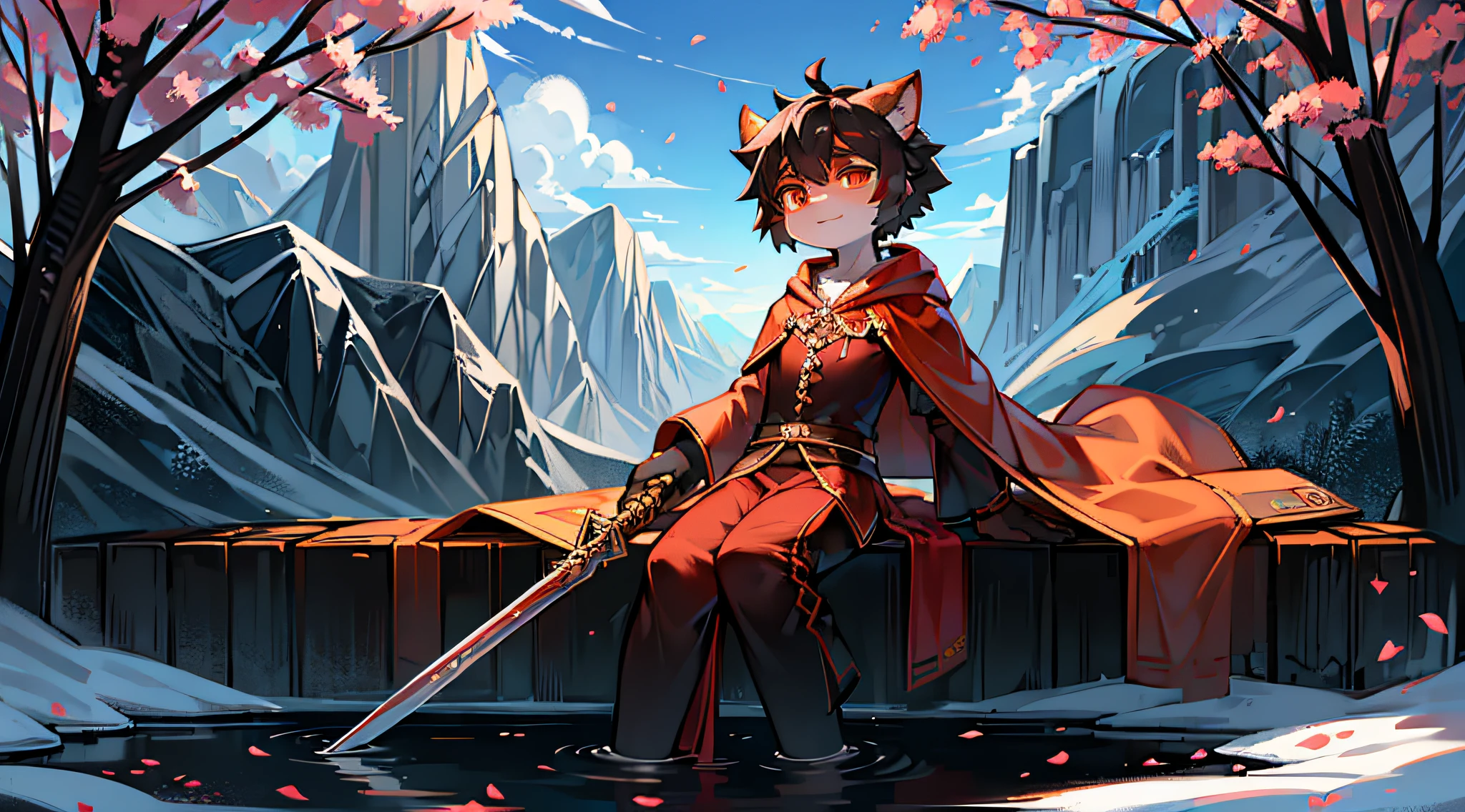 Black Haired Wolf，long red cloak，orange color shirt，falling flower petals，Mountains，Shota，adolable，Orange pupils，sitted，flowing river，snowfield，out a hand，solo person，clear blue skies，Expectant eyes，head looking up，having fun，rays of sunshine，Look into the distance，A confident expression，Peach blossom tree，White petals，Libido boy，ornate backdrop，Look away，Holding a long sword in his arms，Clear face，Ambiguous gender，k hd