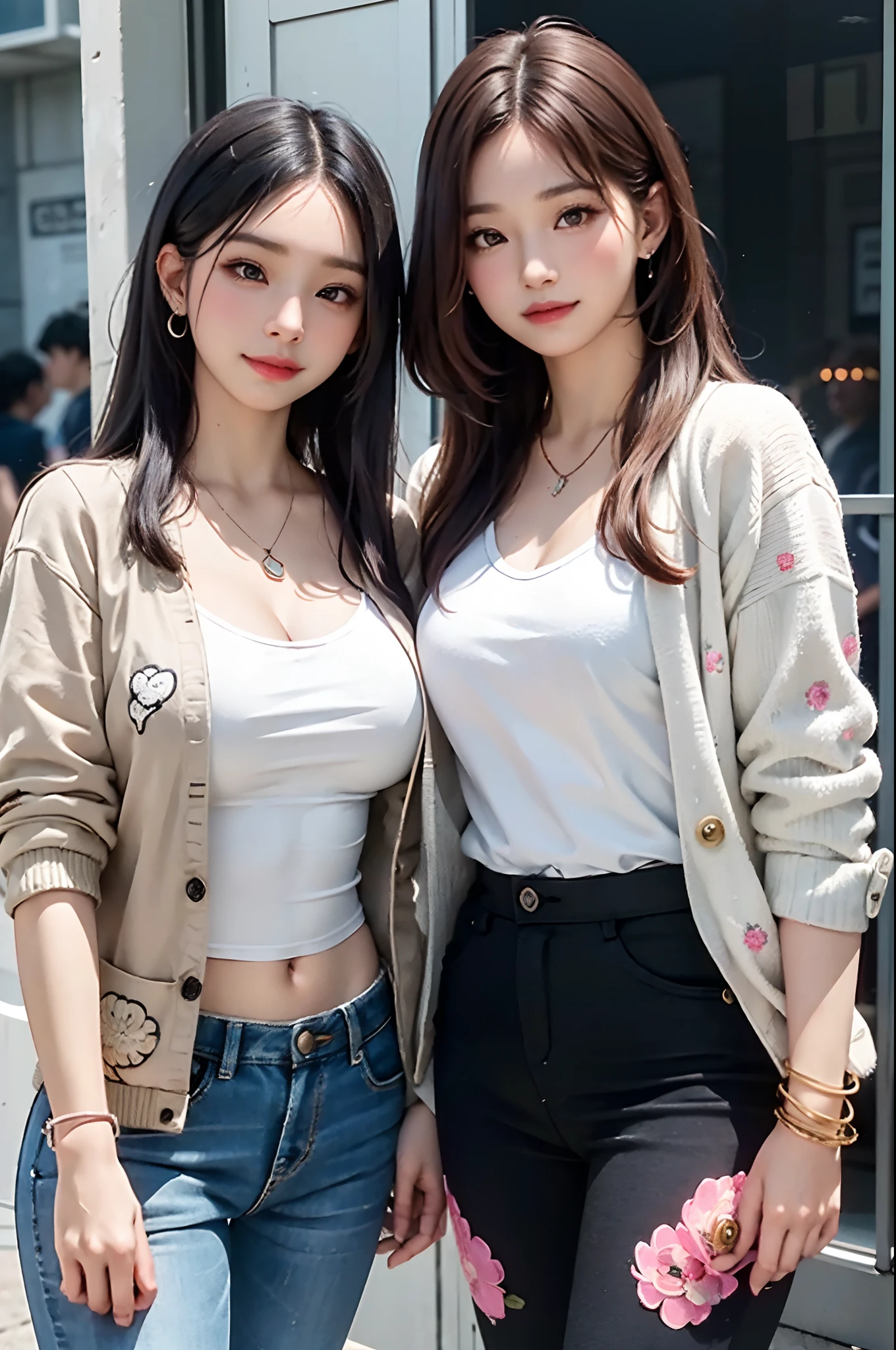 (masterpiece, best quality), (photo realistic), (intricate detail, Detailed Face), HDR, 2girls,duo pretty girls
front view, Look at the camera,
Light smile,
variety of hairstyles,
(variety of styles Jacket Print, variety of styles Top, variety of styles Pants),
Various earrings,
Variety of necklaces,
Various bracelets,
gigantic breasts:0.3,
wide hip:0.4,