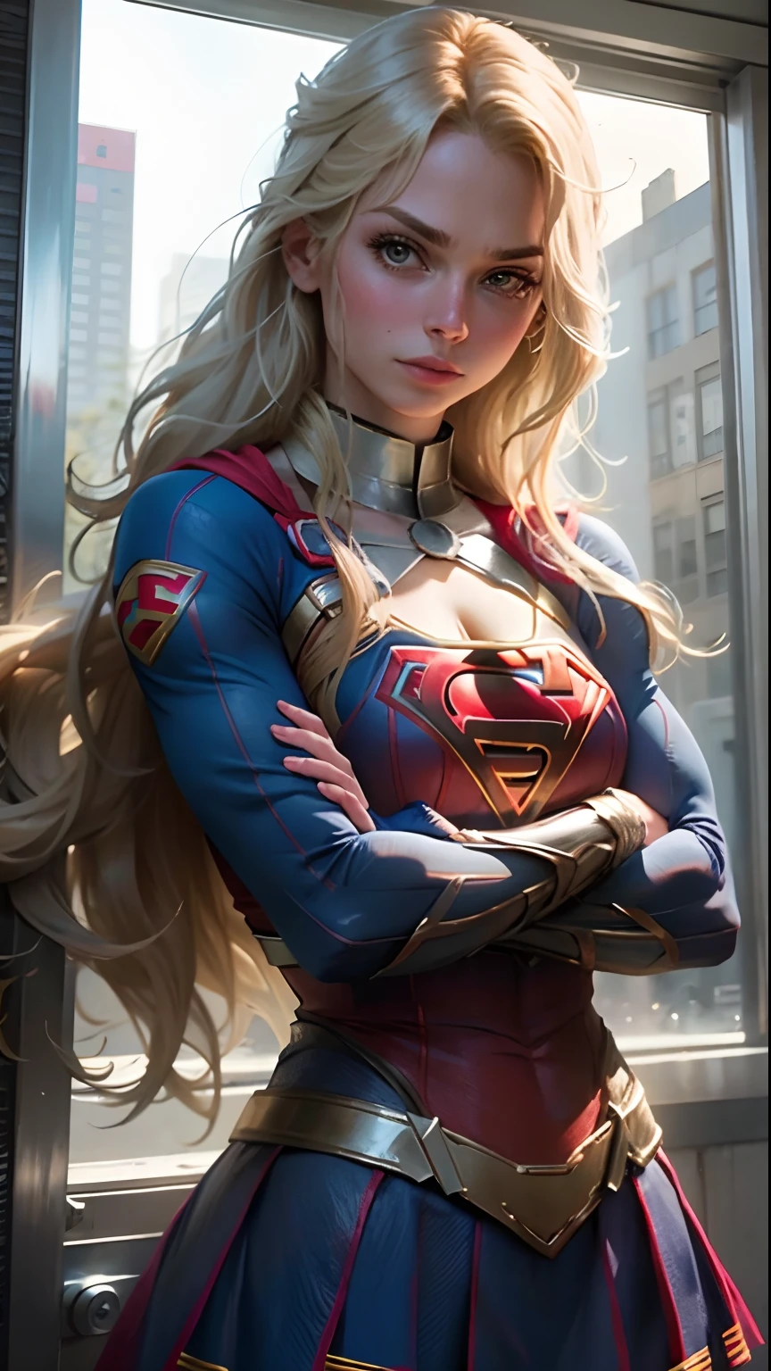 Uma mulher usando cosplay de Supergirl, Long Blonde Hair Crossed Arms
