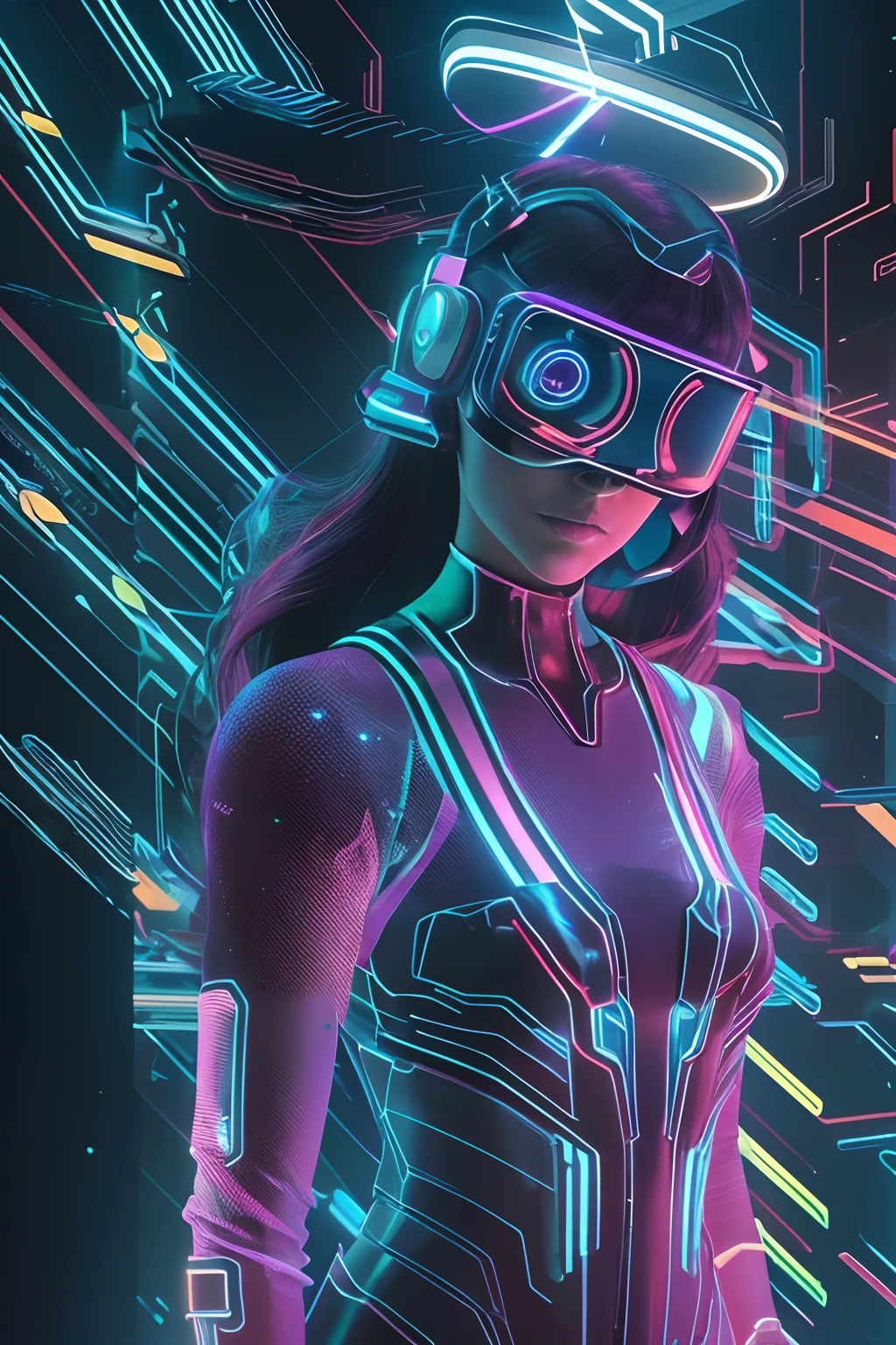 Digital Girl, Parts Hologram, (Best Quality,4K,8K,hight resolution,masutepiece:1.2),Ultra-detailed,(Realistic,Photorealistic,Photorealsitic:1.37), Vivid colors, Bokeh, 3D Rendering, interactive art, Futuristic landscape, Moebius Design Luminescent Circuit Pattern, cyberpunk aesthetic, Bright blue neon lights, Pixelated effects, glowing particles, Motion Blur, glitch effect, High-tech fashion, Holographic makeup, Reflective surfaces, Dynamic Posing, sleek, Mobius-inspired design, Immersive virtual reality environments.Movie Tron、moebius、Syd Mead、Kevin Flynn、Tron(1982,movie,film)