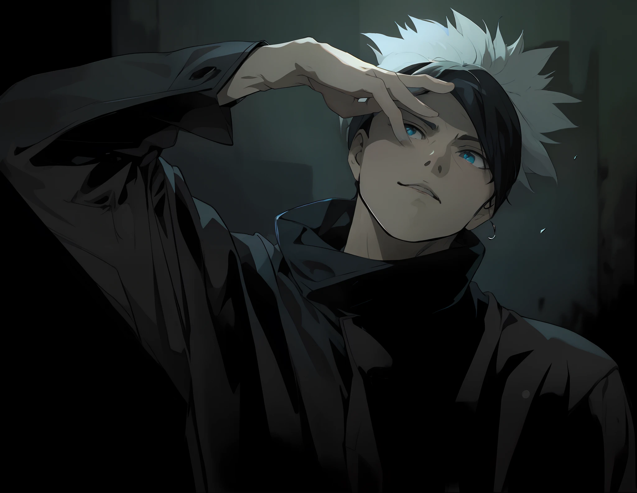 Anime Character With Black Hair And Blue Eyes In Dark Room, Mejor fondo de pantalla de Anime 4K Konachan, Hermosa pose de anime, Arte Zerochan, with index finger, Badass Anime 8K, Estilo anime masculino, Tendencias en ArtStation Pixiv, Fondo de pantalla de manga 4 k, Estilo Ross Tran, Anime Wallaper, Fondo de pantalla de anime 4k, Fanart de alta calidad, Zerochan