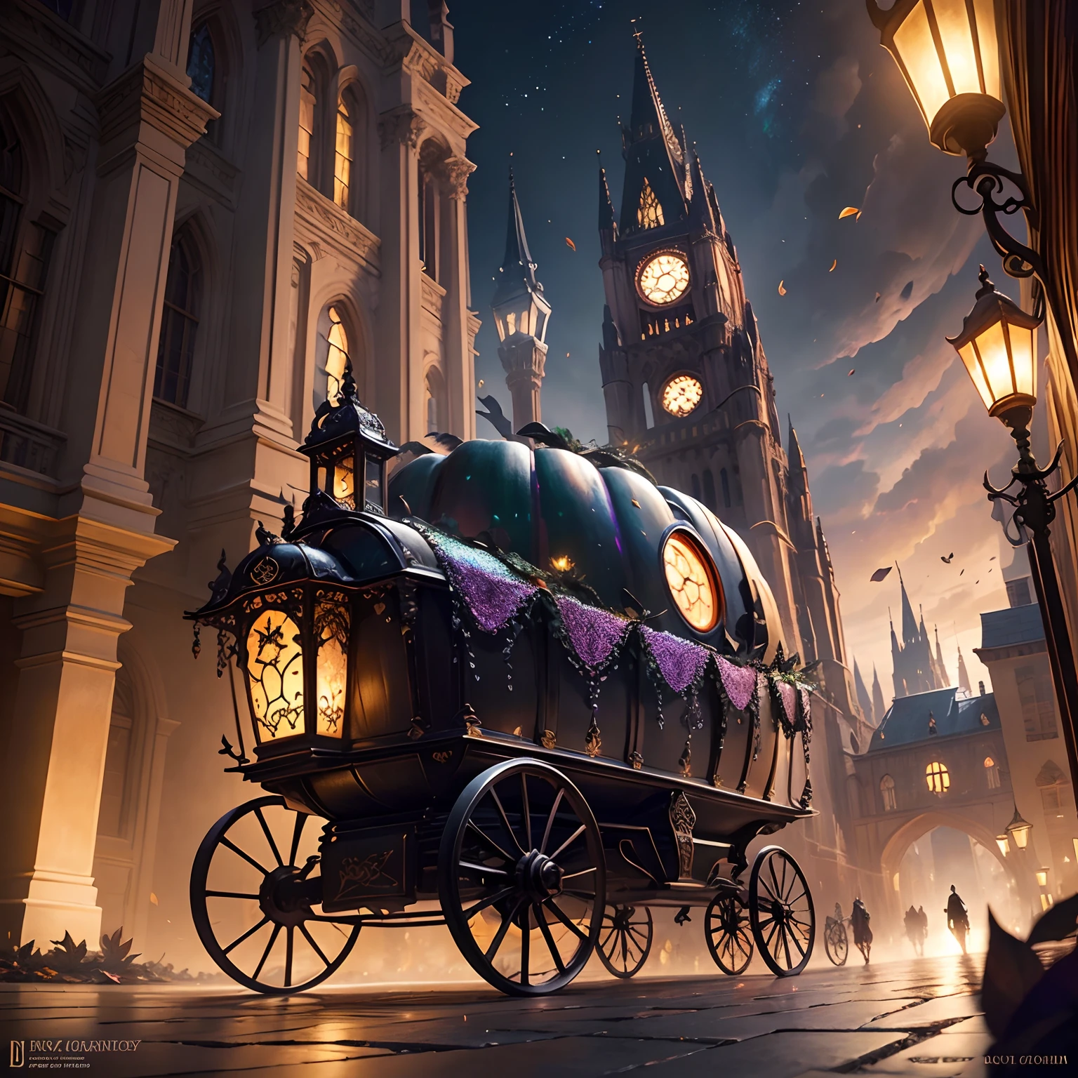 finest image, fantasy, giant pumpkin carriage, black cobblestone pavement, street lights, cityscape, iridescent metal plated metal parts, stained glass windows, luxurious decorations, background iridescent light particles, falling dead leaves, detailed and delicate depiction, professional lighting