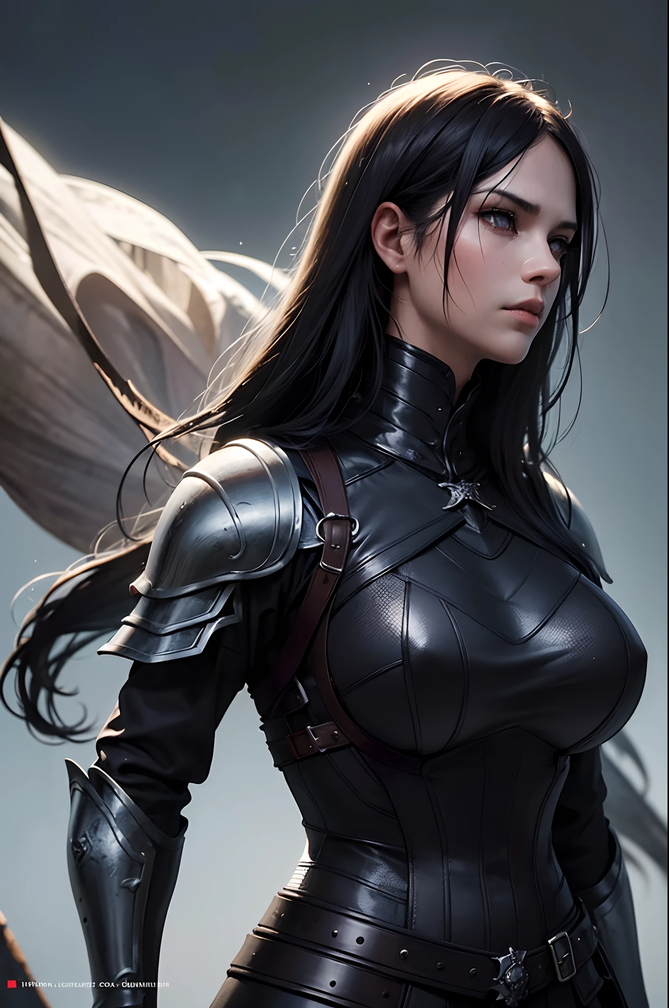 (best quality,realistic:1.37),detailed black long hair,Penetrating detailed black eyes,serious expression,big breasts,detailed black armor,warrior,black swordsman,dark,mysterious,dramatic lighting