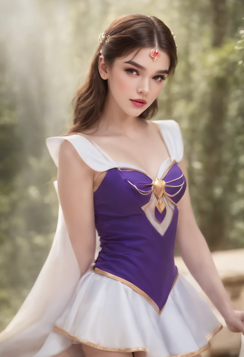 Hailee Steinfeld as Sailor moon, Hailee Steinfeld face, mini skirt, long legs, barefoot, full lips, detailed face, perfect eyes, bright purple eyes, detailed hands, Hailee Steinfeld posing looking at the viewer, light background, mix of fantasy and realistic elements, vibrant manga, uhd picture , crystal translucency, vibrant artwork, smjupiter, body facing viewer