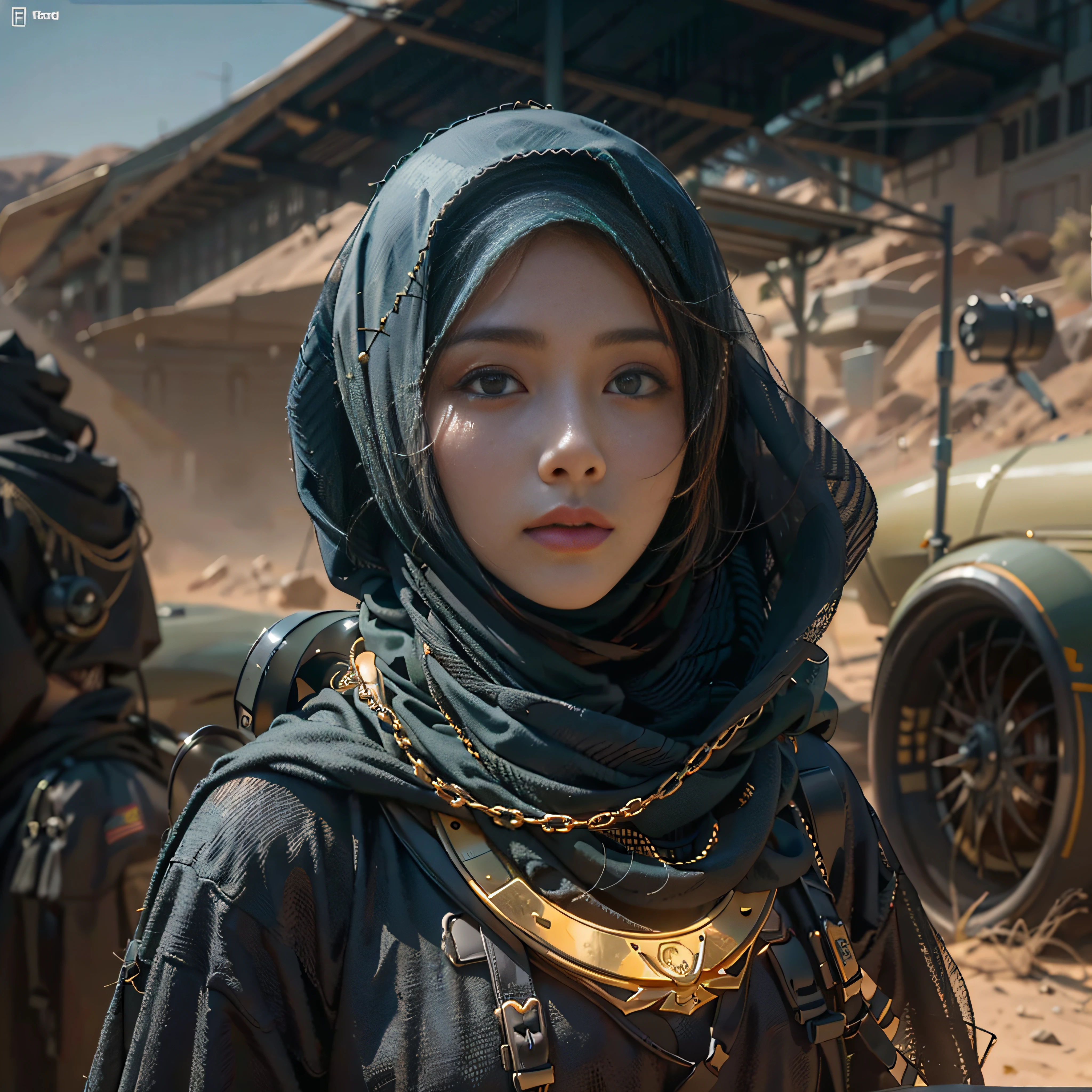 in a panoramic view，photorealestic，cyber punk style，Blue sky, Endless golden desert，Military base in the desert，3girl，Wear a high-tech burqa in black Arabic style（Burqa），Dressed in gorgeous gold Arabian high-tech clothing，Wearing a black high-tech headscarf（hijabi sluty），Black high-tech veil（niqab），High-tech combat equipment hangs on the body，Carry a sci-fi rifle，Sci-fi Saber，Standing in front of a military base，Sharp eyes，professinal，Meistwick，commissioned，best qualtiy，color corrected，After fixation，Retouching，Improvement，Epic，Tone-mapping，the detail， highly  detailed， digitial painting， art  stations， Conceptual map of the long dam， Smoothness， Sharp focus， Beautiful illustration， photore， The light from the back window is backlighted， 动态照明， Mist， 复杂， cinematic grain， professinal， face to the viewer，（Beautiful m3d_woman， Perfect M3D_face,）， Volumetriclighting， subsurfacescattering， Good highlights， Good shadows， cinematic ligh