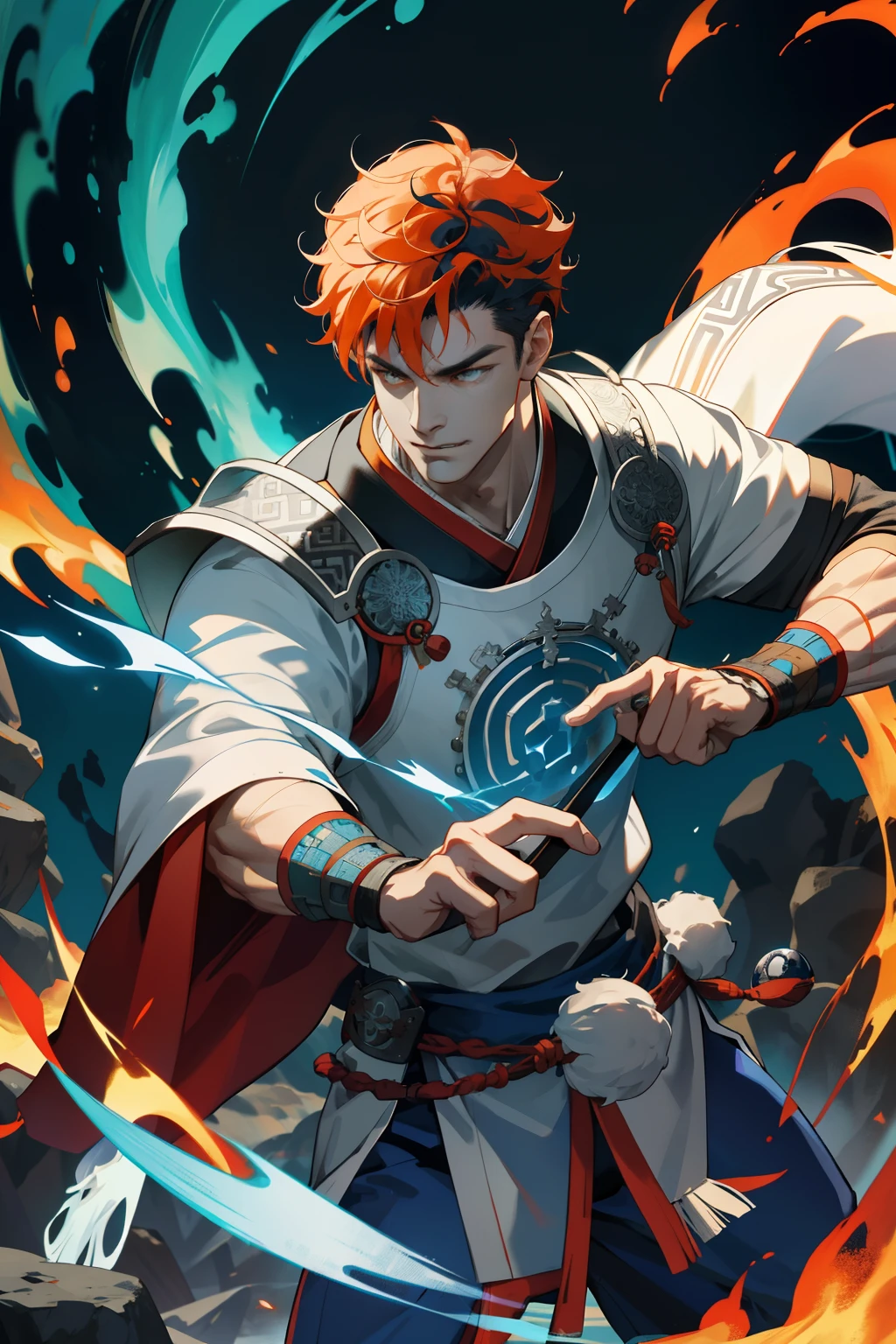 ancient Chinese style mythology, Robust man, Viking, God of Thunder and Gods of Power, （Red beard）, gritting teeth，silver chain mail，Dressed in orange and white，blue pants（Black color hair，Villains，warriors, Two-handed axe，spirit fantasy concept art, Official concept art， The body is surrounded by flames，concept-art!!,  magical concept art，greene eyes, Complicated details, , 独奏, Half shot, detailedbackground，ssmile，Thunder and lightning surround you，Backlit realistic lighting、Clear face, Clear and bright eyes, High detail, (A high resolution, ultra - detailed), Cinematic lighting, Motion blur, Ray tracing, reflective light, (Close-up), Masterpiece, Best quality, High quality, Anatomically correct, Textured skin, High details, Super detail, 1080p, hyper HD,Big momentum，