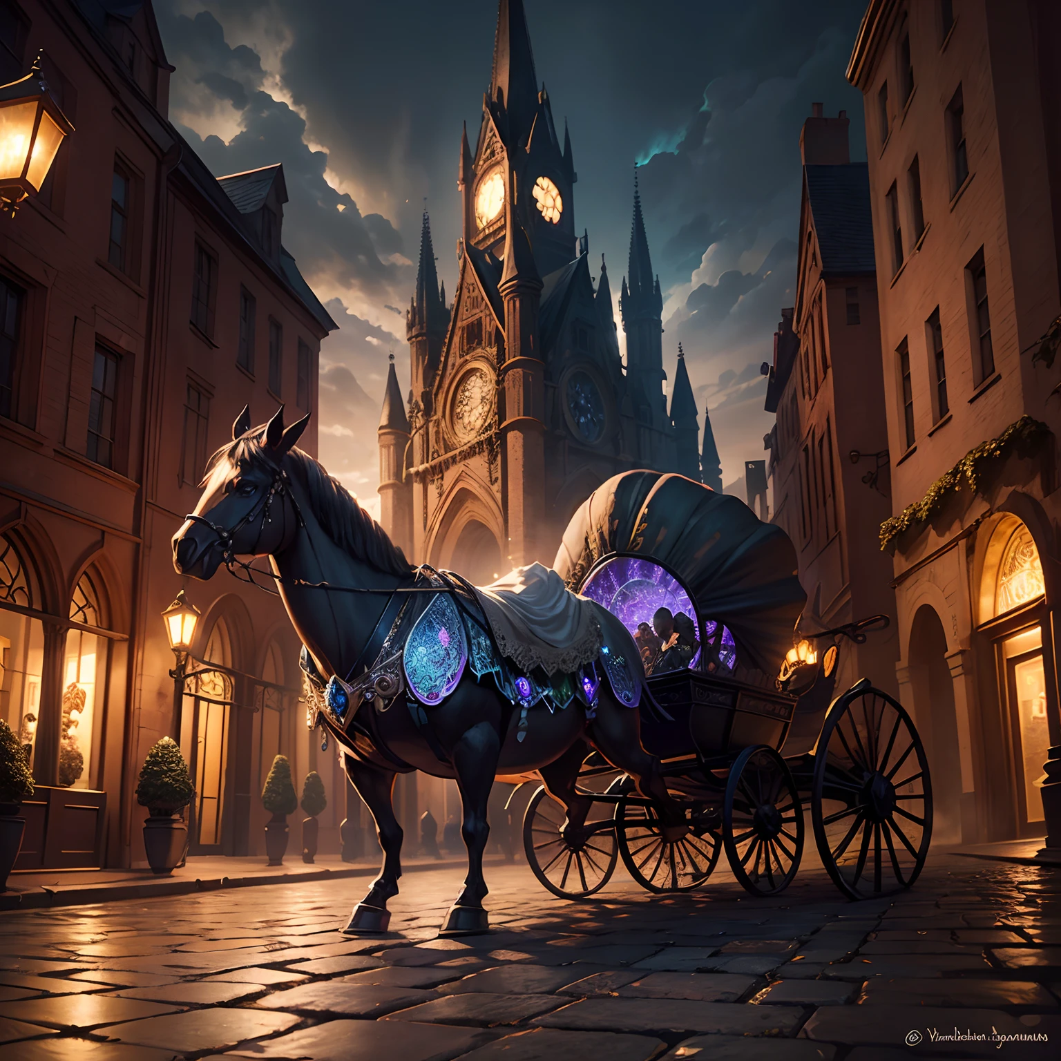 finest image, fantasy, giant pumpkin carriage, black cobblestone pavement, street lights, cityscape, iridescent metal plated metal parts, stained glass windows, background iridescent light particles, falling dead leaves, detailed and delicate depiction, professional lighting