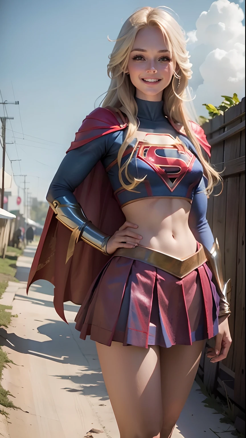 (Best quality, masterpiece, absurd)),1girl:1.3, solo:1.3,Beautiful woman,blue expressive eyes, beautiful woman,long blonde hair, 21 years, solo, 1girl,hourglass body,huge breasts, defined body, wearing superman cosplay((Supergirl cosplay bodysuit, skirt (waist up to half of thigh)supergirl, supergir short red cape)), bright colors