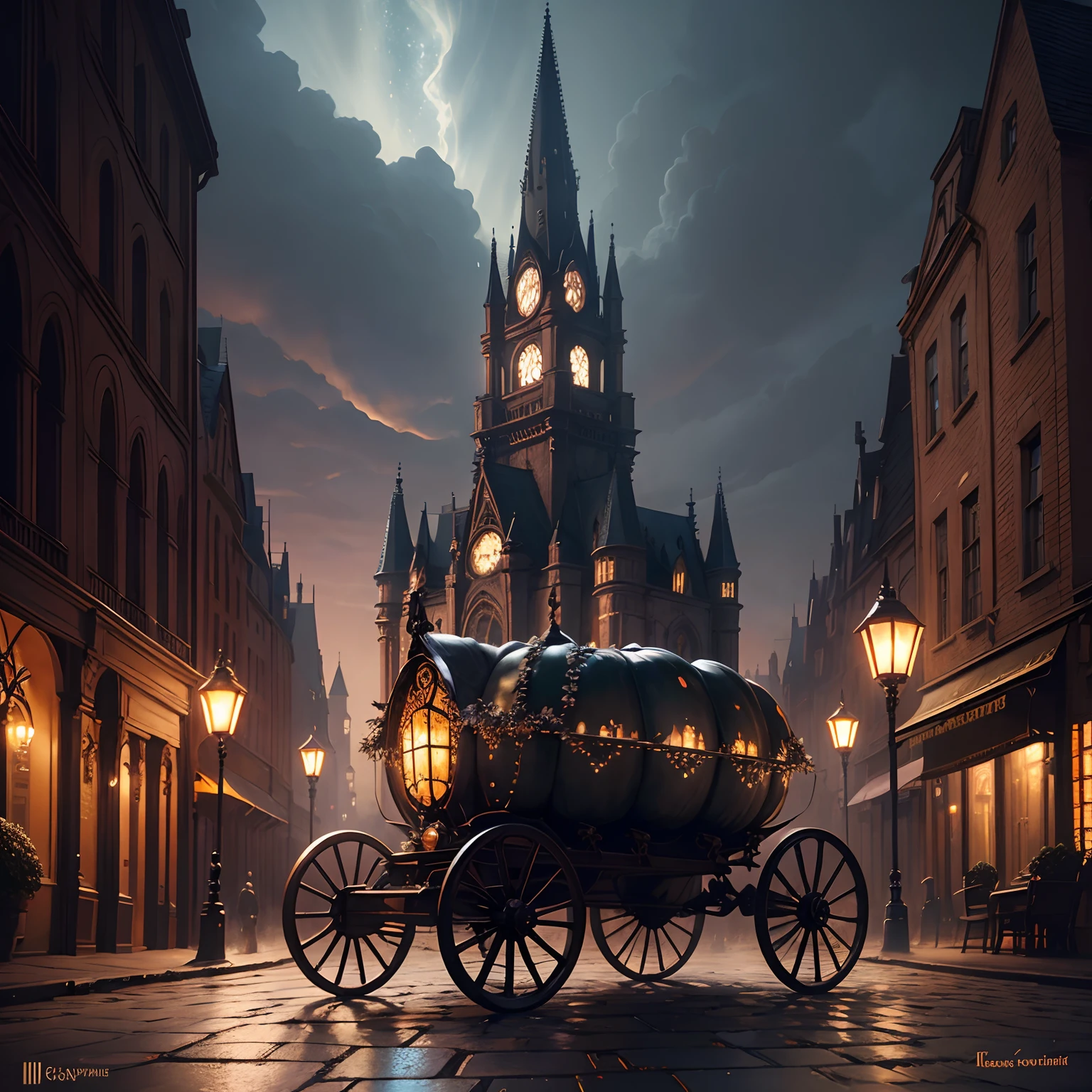 finest image, fantasy, giant pumpkin carriage, black cobblestone pavement, street lights, cityscape, iridescent metal plated metal parts, stained glass windows, background iridescent light particles, falling dead leaves, detailed and delicate depiction, professional lighting