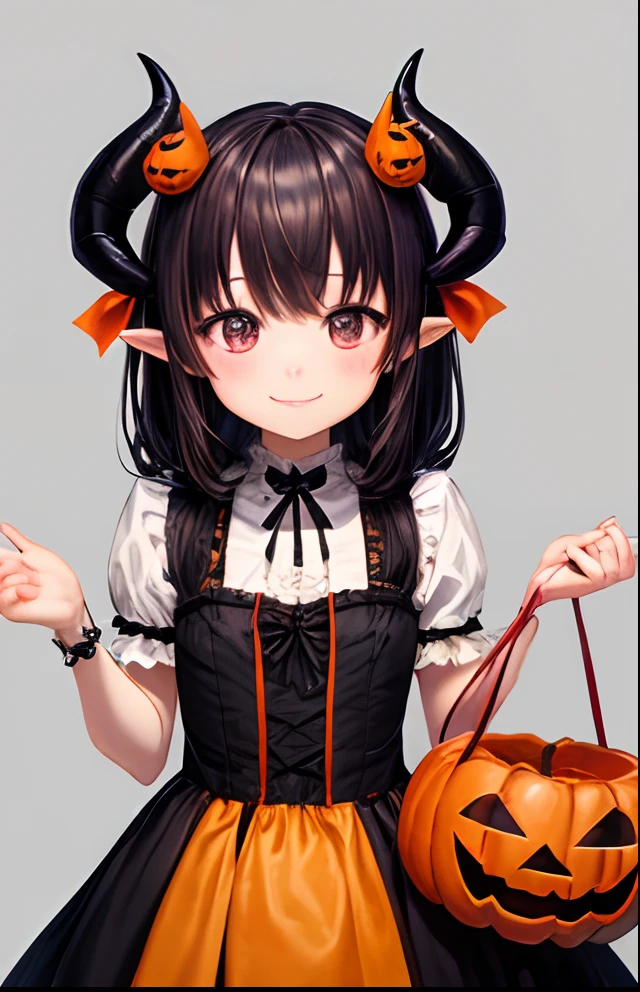 girl with、No background、without background、Background through、Diabolical、Small Devil、horns grow、Horns、A dark-haired、kawaii、Wearing a dress、pluma、Smiling、Halloween、pumpkins、candy