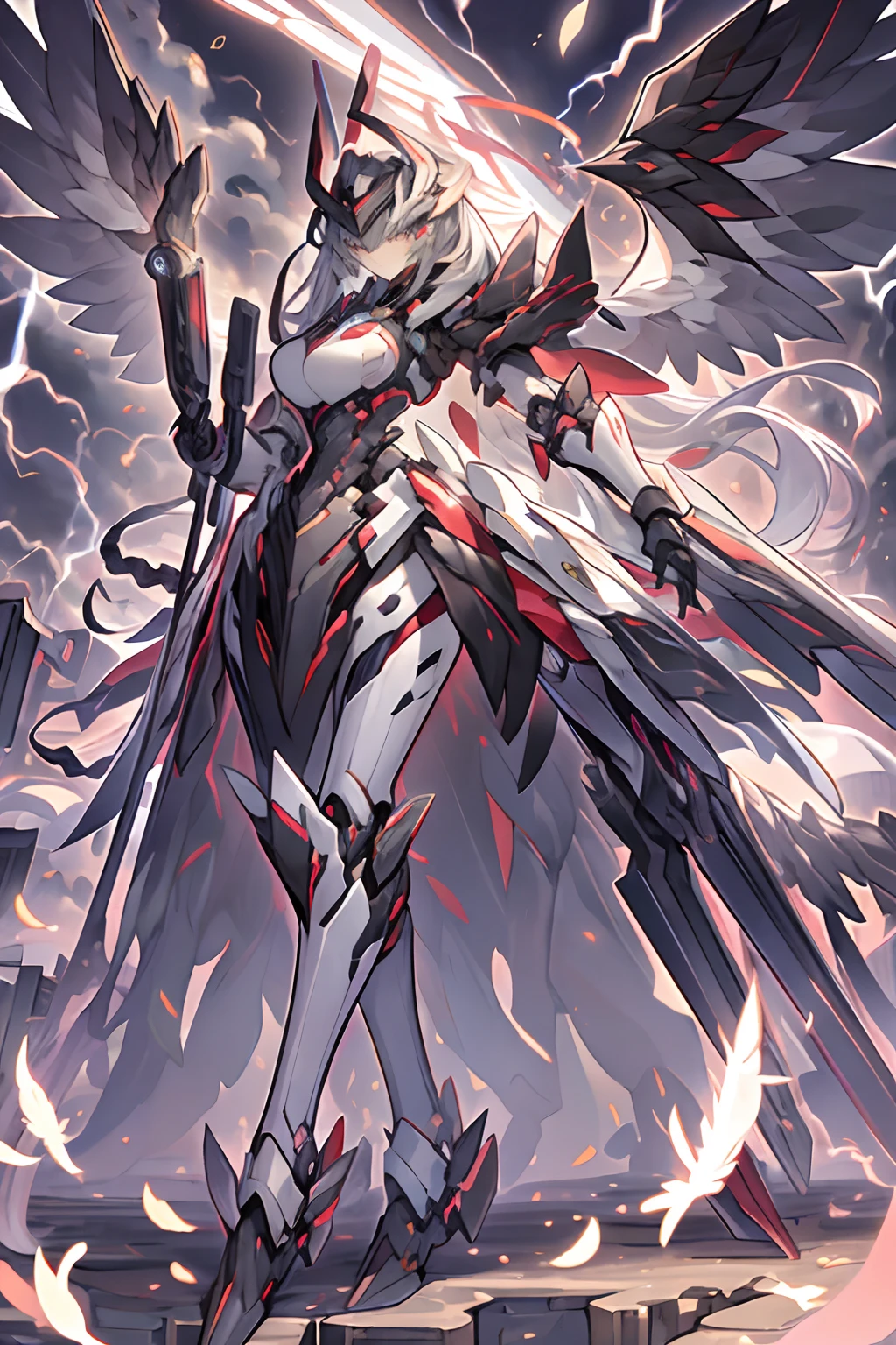 armored bird creature, masterpiece, 4k, absurdres,yugioh style
yugioh monster
glowing
outline
,whirlwind of feathers background,black mechanical wings,dark clouds, lightning,, highly detailed CG unified 8K wallpapers, 8k uhd, dslr, high quality, ((a woman in black mechanical armor