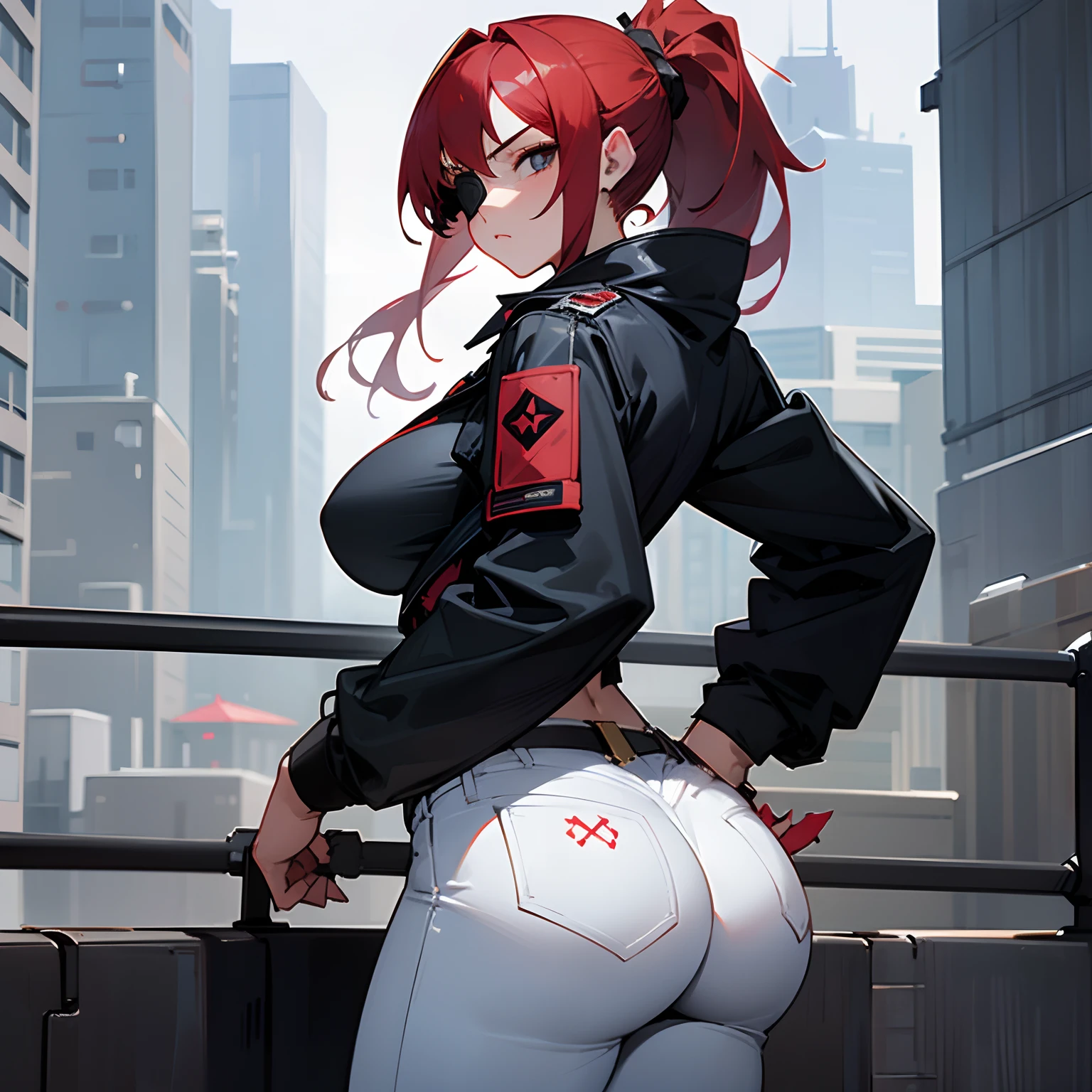 1girl, solo, detailed face, detailed eyes, red hair, long ponytail, white eye, serious, eyepatch, standing, huge breasts, huge ass, wide hips, black jacket, jeans, outdoors, city