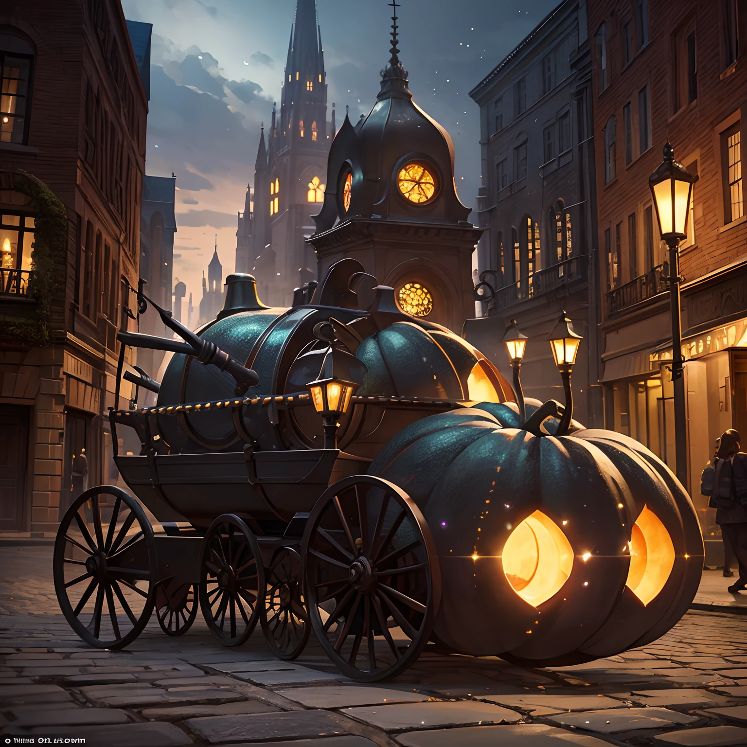 finest image, fantasy, giant pumpkin carriage, black cobblestone pavement, street lights, cityscape, iridescent metal plated metal parts, stained glass windows, background iridescent light particles, falling dead leaves, detailed and delicate depiction, professional lighting
