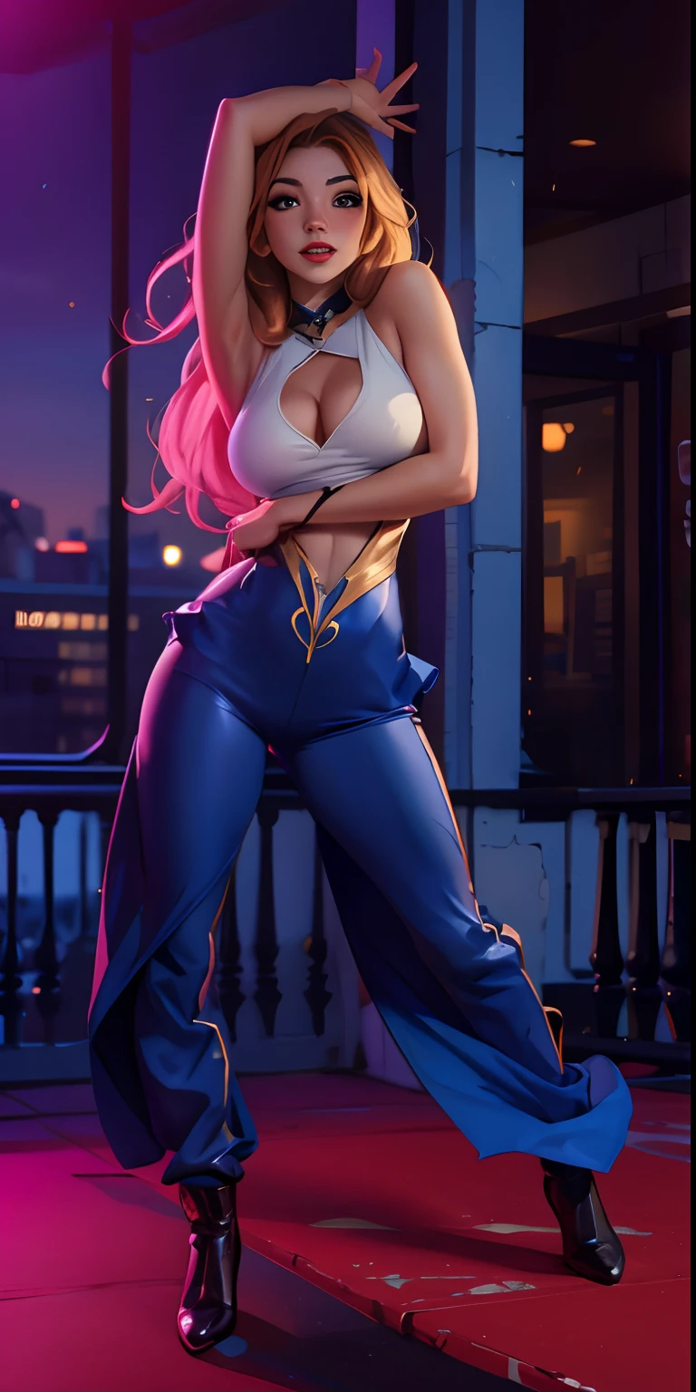 Arafed woman in a blue suit posing on a balcony, Seraphine Ahri Kda, Estilo Ivan Talavera y Artgerm, Cammy, Ahri de League of Legends, Samira de League of Legends, miss fortune, Personaje de King of Fighters, En el estilo Artgerm, Lux de League of Legends