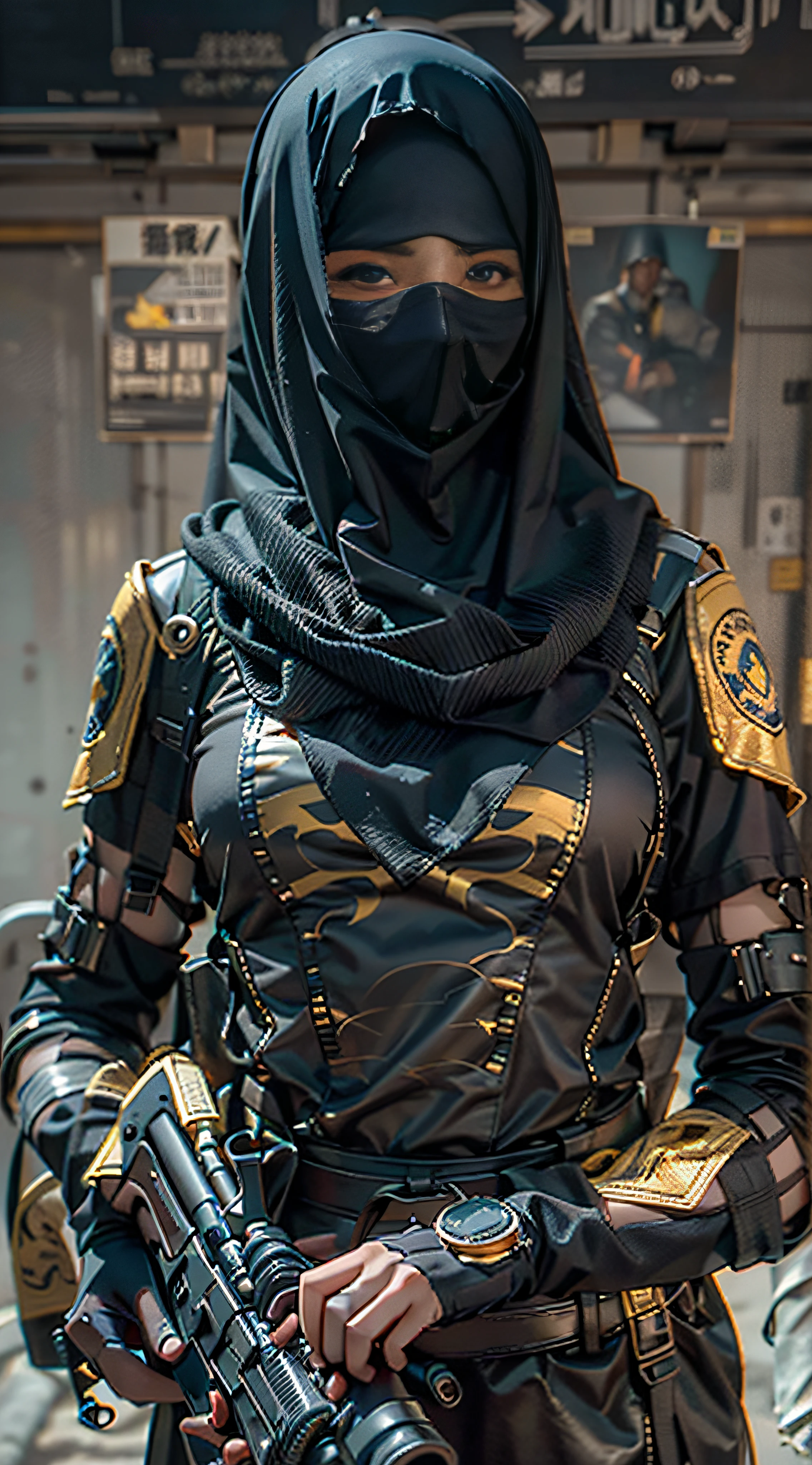 in a panoramic view，photorealestic，cyber punk style，Blue sky, Endless golden desert，Military base in the desert，3girl，Wearing a high-tech burqa in black Arabian style（Burqa），Dressed in gorgeous gold Arabian high-tech clothing，Wearing a black high-tech headscarf（hijabi sluty），Black high-tech veil（niqab），High-tech combat equipment hangs on the body，Carry a sci-fi rifle，Sci-fi Saber，Standing in front of a military base，Sharp eyes，professinal，Meistwick，commissioned，best qualtiy，color corrected，After fixation，Retouching，Improvement，Epic，Tone-mapping，the detail， highly  detailed， digitial painting， art  stations， Conceptual map of the long dam， Smoothness， Sharp focus， Beautiful illustration， photore， The light from the back window is backlighted， 动态照明， Mist， 复杂， cinematic grain， professinal， face to the viewer，（Beautiful m3d_woman， Perfect M3D_face,）， Volumetriclighting， subsurfacescattering， Good highlights， Good shadows， cinematic ligh