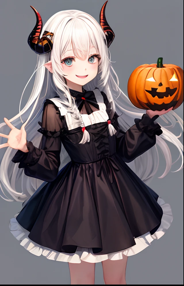 girl with、No background、without background、Background through、Diabolical、Small Devil、horns grow、Horns、white  hair、The long-haired、Braiding、kawaii、Wearing a dress、pluma、Smiling、Halloween、pumpkins、candy